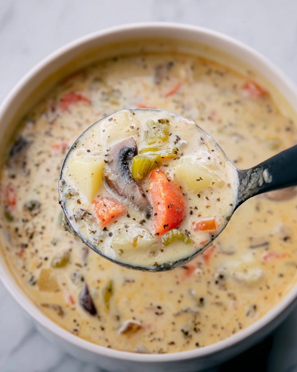 The image shows a thick creamy soup with a light beige base, filled with chunks of orange carrots, green celery, white potatoes, and slices of brown mushrooms, all mixed together with visible black pepper specks. The soup is held in a silver ladle above a white bowl, with the rich, creamy texture and colorful vegetable pieces clearly visible. The background is a white marbled surface. photo taken with an iphone --ar 4:5 --v 7