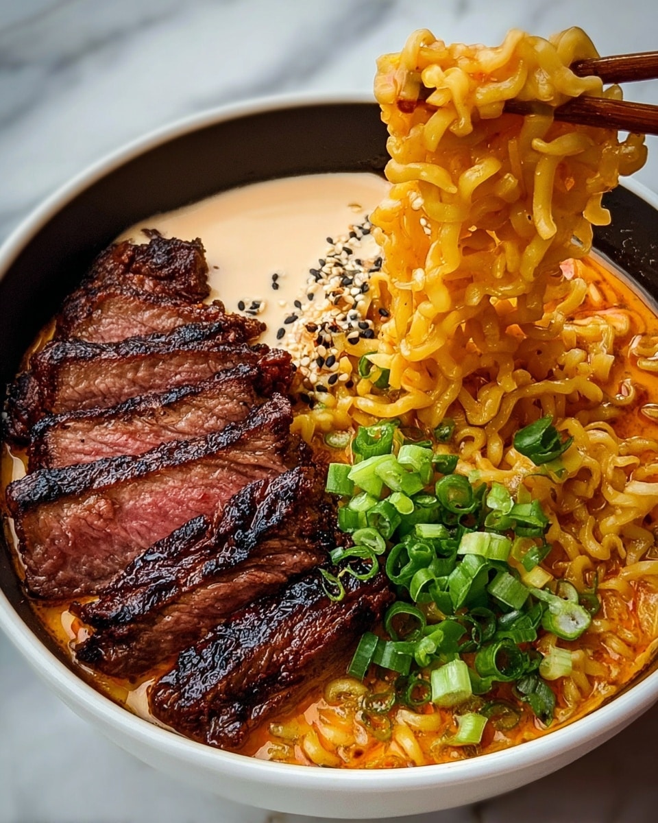 The image shows a bowl of ramen with several layers. At the bottom, there are yellow, wavy noodles coated with spicy orange broth. On one side, pieces of dark, glazed grilled meat with a shiny surface are placed closely together. Next to the meat, there are slices of grilled steak, cooked to medium with a pink center and a charred crust. Near the top, there is a light beige creamy sauce sprinkled with small black sesame seeds. Fresh, chopped green onions are scattered next to the sauce, adding a bright green color. A woman's hand holding wooden chopsticks lifts a clump of noodles above the bowl. The bowl is white, and it sits on a white marbled surface. photo taken with an iphone --ar 4:5 --v 7