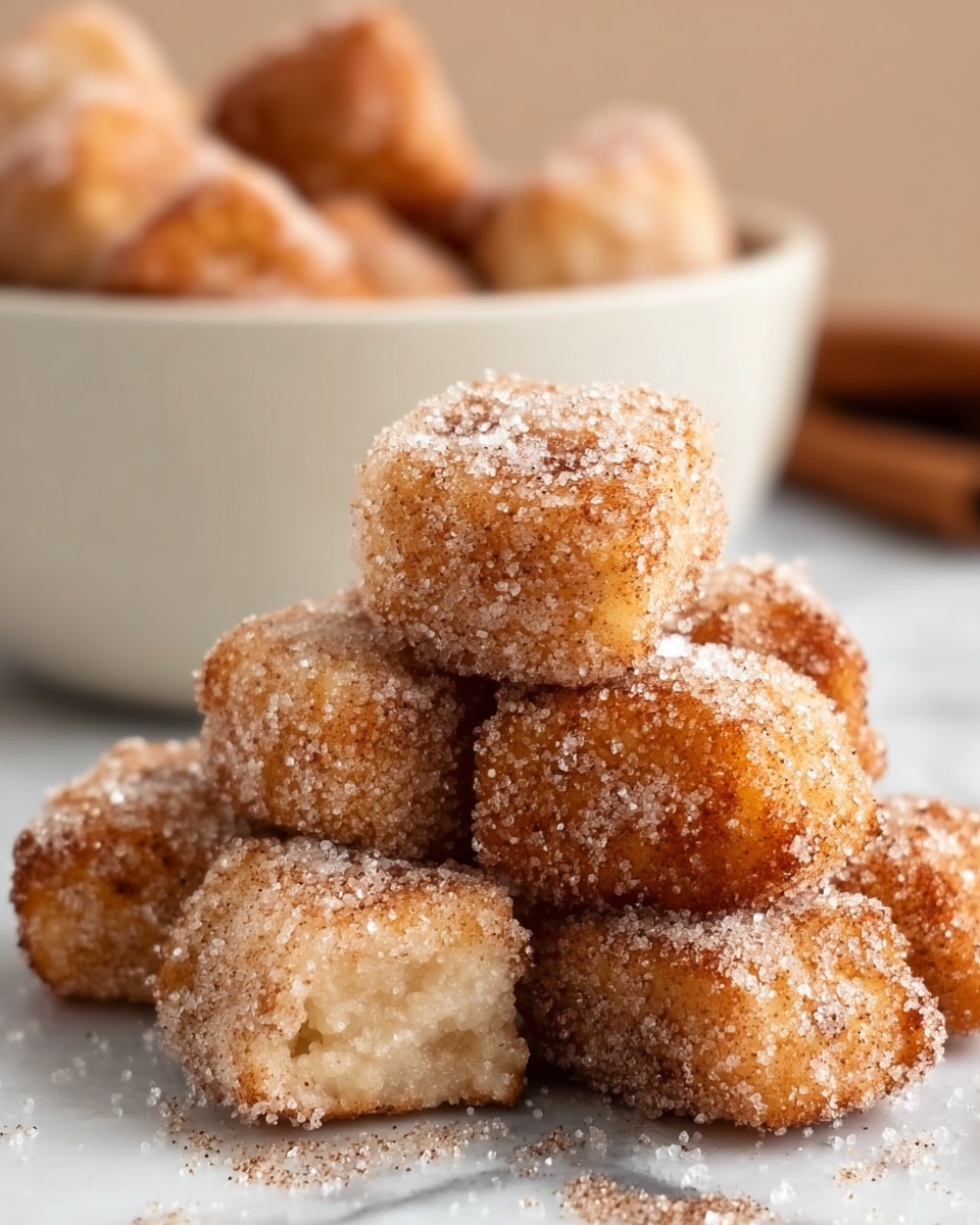 This image shows small square pieces of fried dough stacked closely together on a surface with a white marbled texture. Each piece has a golden-brown color with a slightly rough texture from being fried, and they are coated evenly with granules of white sugar and light brown cinnamon powder, giving a sparkling effect. Some sugar granules have spilled around the base of the dough pieces. In the background, blurred similar fried dough pieces are placed in a shallow white bowl. The overall look is warm and inviting with a homemade feel. photo taken with an iphone --ar 4:5 --v 7