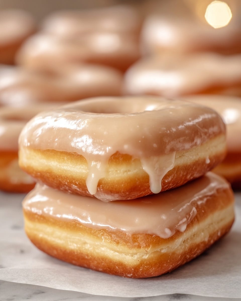 Two rectangular donuts are stacked one on top of the other on a white marbled surface covered with parchment paper. Each donut has three visible layers: a golden brown fried dough base, a light yellow soft dough middle, and a smooth, shiny beige glaze on top that covers the entire top surface, slightly dripping over the edges. In the blurred background, more similarly glazed donuts are spread out, all with the same color and texture. The lighting is warm, highlighting the gloss and softness of the glaze and dough. Photo taken with an iphone --ar 4:5 --v 7