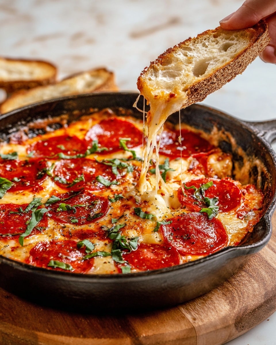 A skillet filled with a cheesy dip showing three main layers: a bubbly, golden melted cheese base, bright red pepperoni slices arranged evenly on top, and chopped green basil scattered over the pepperoni. A woman's hand holds a slice of toasted, brown bread with a rough crust, scooping the dip which stretches with melted cheese strands. The skillet is placed on a wooden board with a white marbled surface underneath, enhancing the vibrant colors of the dip. Photo taken with an iphone --ar 4:5 --v 7