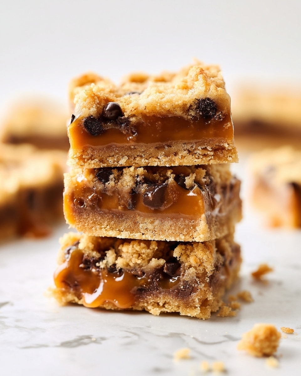 A stack of three square dessert bars is shown with crumbly golden cookie dough as the top and bottom layers. The middle layer is a smooth, gooey caramel with visible dark brown chocolate chips embedded in it. The caramel slightly oozes out from the sides, adding a sticky texture contrast. The bars rest on a white marbled surface with a few crumbs scattered around, and two more bars are blurred in the background. photo taken with an iphone --ar 4:5 --v 7
