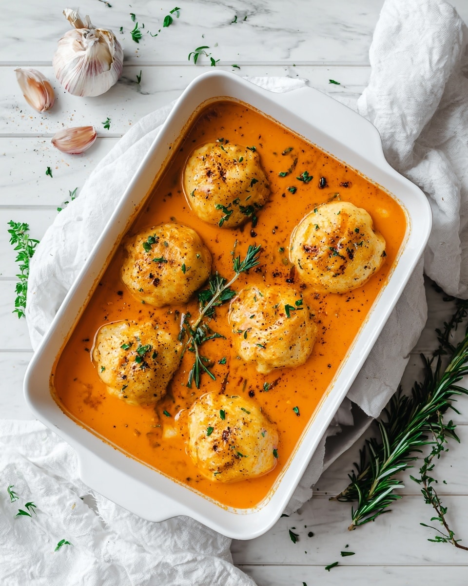 A white rectangular dish holds six round, golden-brown dumplings sitting in a smooth, bright orange sauce. The dumplings have a lightly browned, soft texture on top and are sprinkled with small green herbs and black pepper. Sprigs of fresh green rosemary and small herb leaves are scattered on and around the dish. The dish is on a white marbled surface with scattered garlic cloves and a white cloth nearby. Photo taken with an iphone --ar 4:5 --v 7