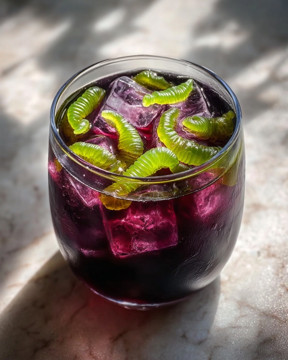 A short clear glass filled with a dark purple liquid layered with irregular ice cubes that have a light purple tint. On top, several bright green gummy worms are placed, their ridged texture clearly visible as they rest on the ice. The glass sits on a surface with a white marbled texture, and sunlight subtly highlights the drink’s glossy surface and casts soft shadows. photo taken with an iphone --ar 4:5 --v 7