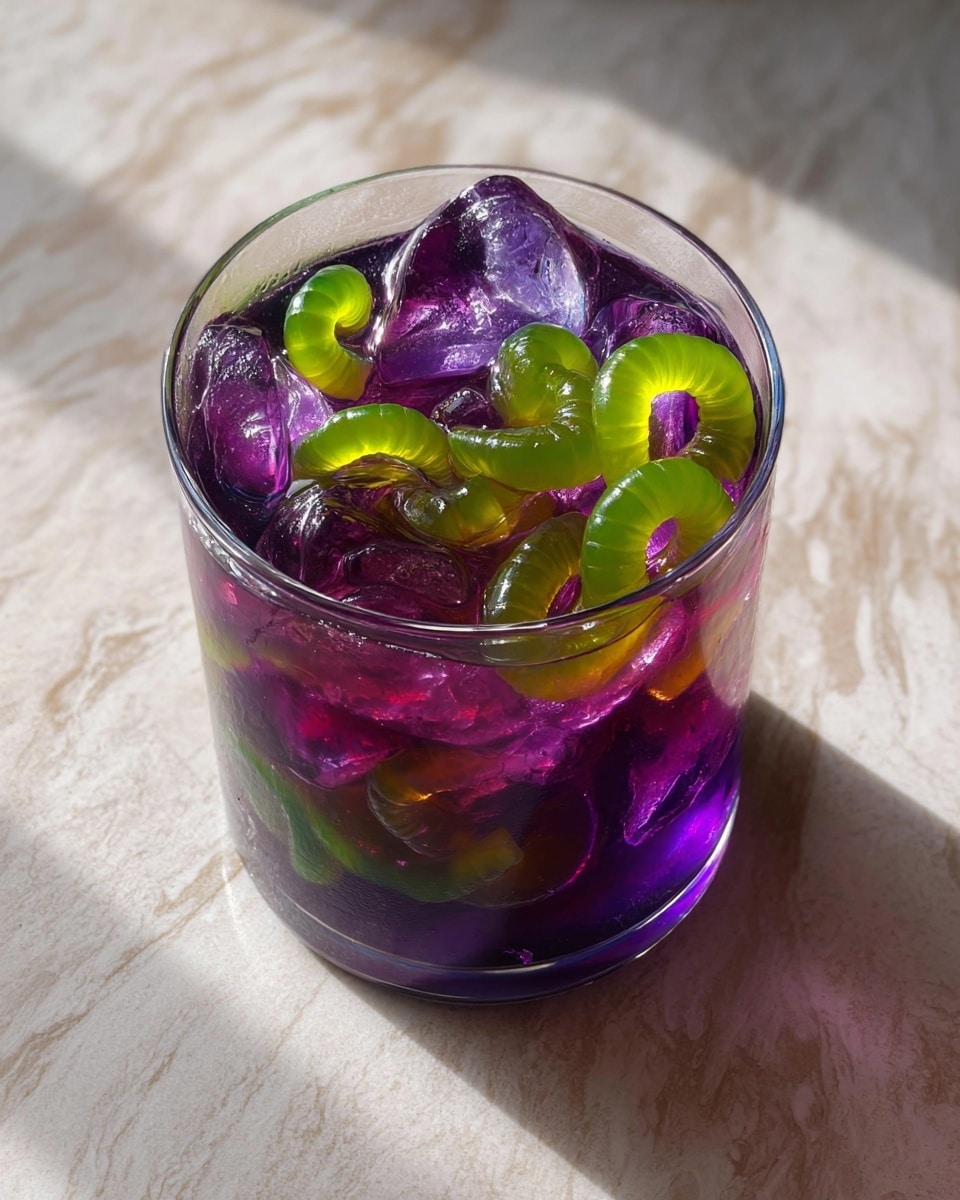 A clear glass filled with a purple drink, containing translucent ice cubes that catch the light with a shiny surface, topped with bright green gummy worms that rest on the ice and partly sink into the liquid. The drink shows a mix of deep purple shades, with the ice reflecting light and the gummy worms creating a playful contrast on top. The glass sits on a white marbled surface, with sunlight casting soft shadows around it. photo taken with an iphone --ar 4:5 --v 7