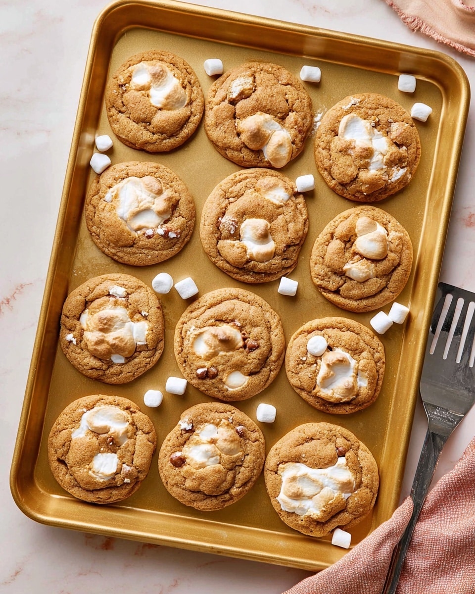 A gold baking sheet holds twelve round, soft cookies with a light brown color. Each cookie has melted, gooey white marshmallows that peek through the cracked surface, some toasted to a light golden brown. The cookies vary slightly in size and texture, some looking a bit rougher or more cracked, while others are smoother. A few small white marshmallows sit loose on the sheet near the cookies. A metal spatula rests on the right edge of the baking sheet. The background is a white marbled texture with a small corner of a pale pink cloth visible at the bottom right corner. Photo taken with an iphone --ar 4:5 --v 7
