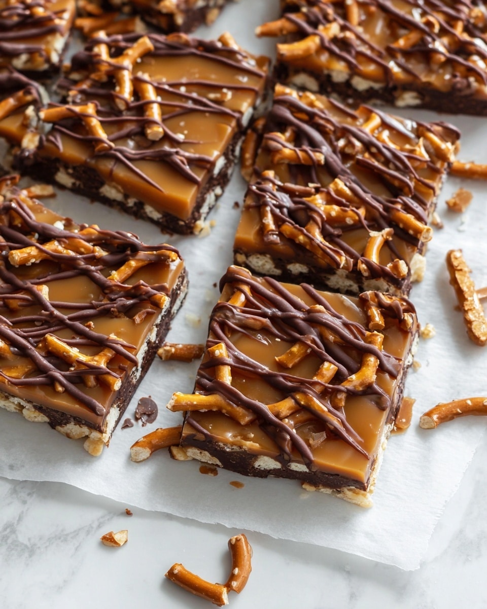 The image shows several square pieces of a layered treat arranged on white parchment paper placed on a white marbled surface. Each piece consists of a bottom layer of dark brown chocolate, followed by a layer of small, light beige pretzel sticks creating a crunchy texture. On top, there is a thick, shiny caramel layer with a rich golden-brown color, covering the pretzels. Finally, the top is decorated with thin, dark brown chocolate drizzles crossing each piece, adding a textured look. Small crumbs and broken bits of chocolate and pretzel lie around the pieces, creating a casual, homemade feel. photo taken with an iphone --ar 4:5 --v 7