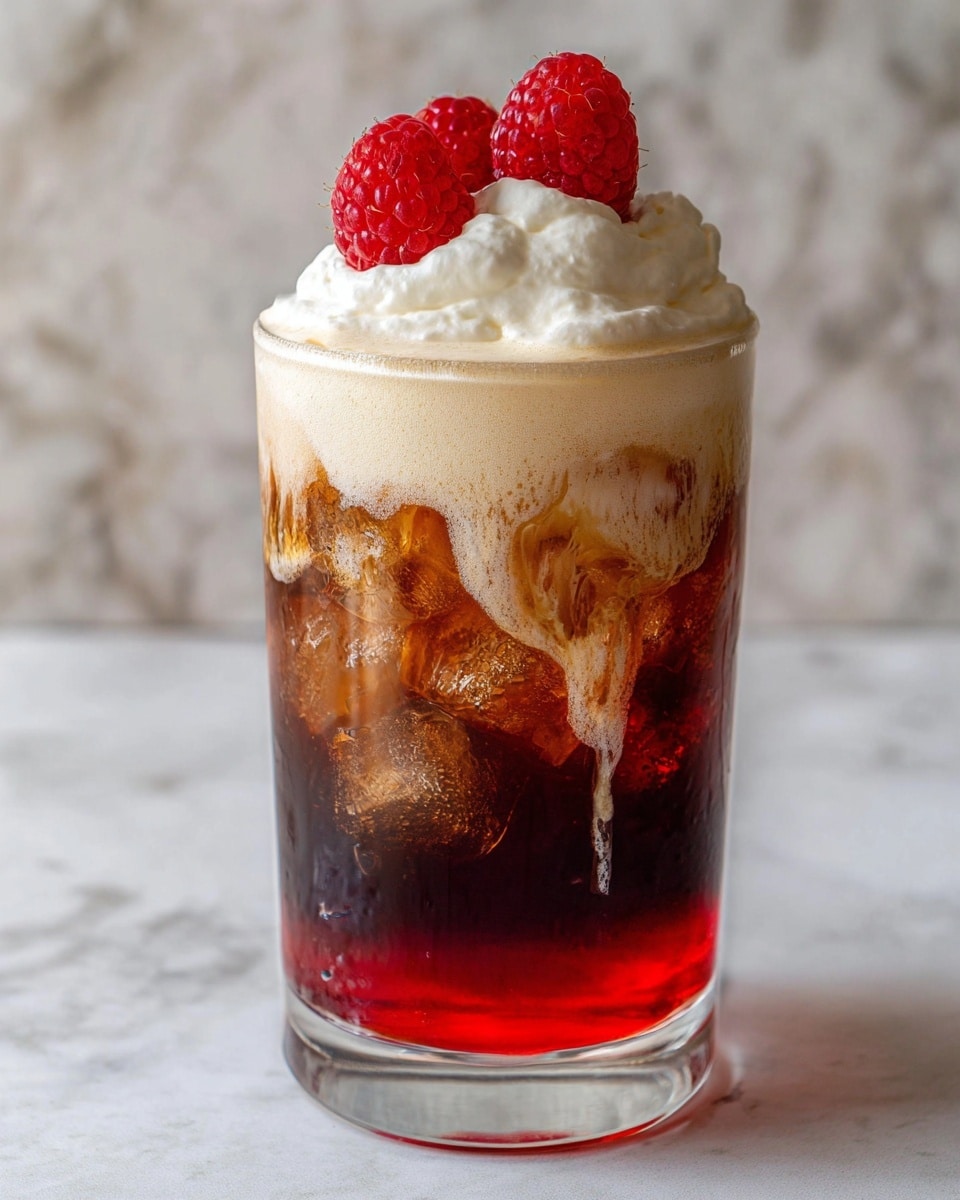 The image shows a layered drink in a clear glass with four distinct layers. The bottom layer is a bright red syrup that looks smooth and liquid. Above this is a dark brown, almost black, liquid layer, mixed with large chunks of ice that add a textured look. The third layer is a creamy, light tan foam that drips slightly down the side of the glass. On top is a thick dollop of white whipped cream topped with three bright red raspberries, adding a fresh contrast. The glass is set on a white marbled surface. Photo taken with an iphone --ar 4:5 --v 7