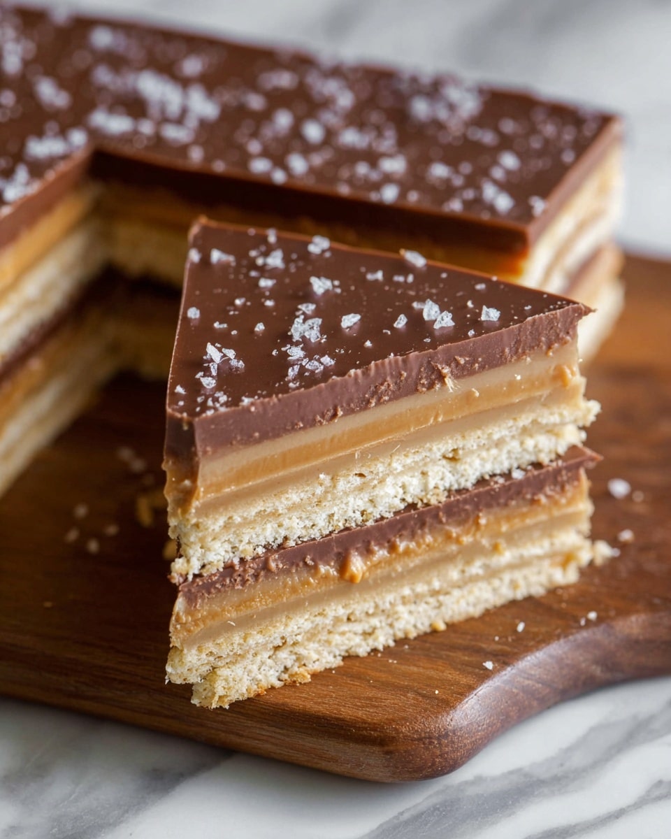 A wooden board holds nine square pieces of smooth milk chocolate fudge with a glossy top layer sprinkled with white flaky sea salt. The chocolate fudge has one visible thin base layer beneath the shiny top, both in light brown shades. One piece is being lifted by a spatula, showing the even thickness and firm texture. Next to the board is a round wooden bowl filled with coarse white sea salt and a small wooden spoon inside. The scene is set on a white marbled surface. Photo taken with an iphone --ar 4:5 --v 7