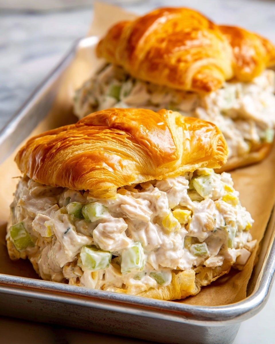The image shows two chicken salad sandwiches placed in a long metal tray lined with parchment paper. Each sandwich has two layers: the top layer is a golden, flaky croissant with a shiny, buttery texture, and the bottom layer is filled with a generous amount of creamy chicken salad that is light beige with visible bits of green celery, white chicken chunks, and small yellow pieces, creating a rich, chunky texture. The sandwiches are set on a surface with a white marbled texture, giving a clean and fresh look. photo taken with an iphone --ar 4:5 --v 7