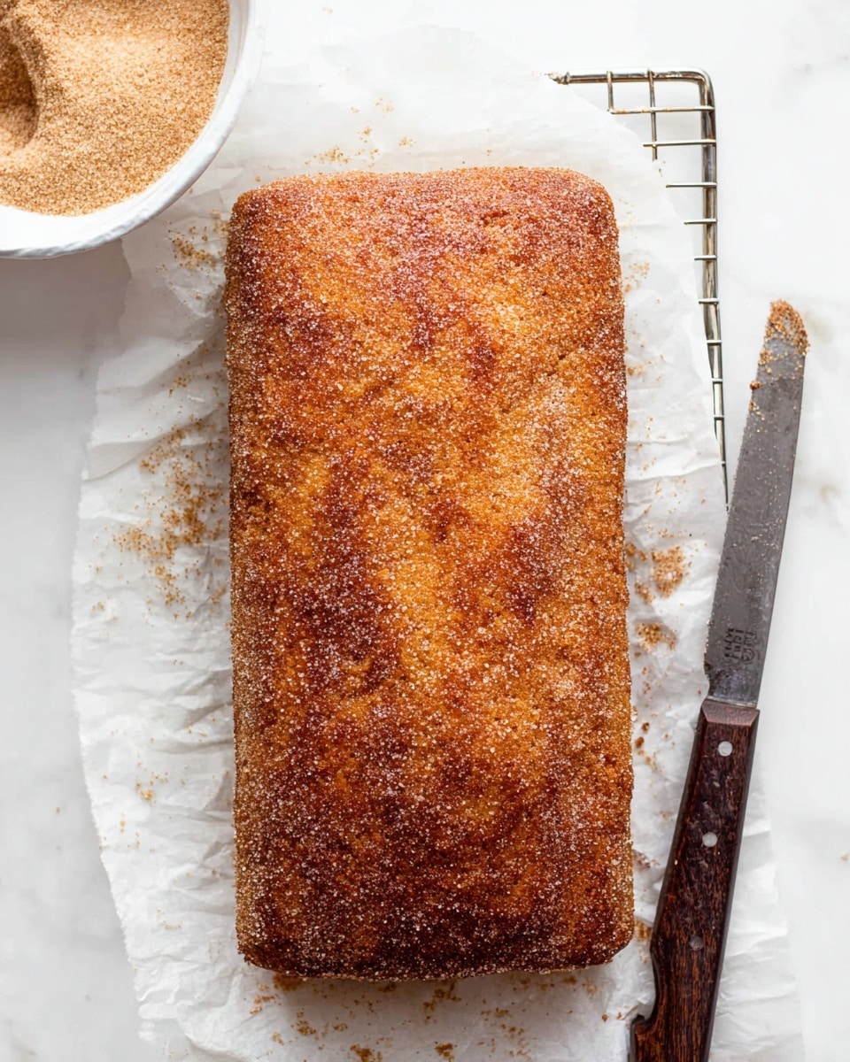A rectangular loaf of cake covered evenly with a golden-brown sugar and cinnamon crust layer on the outside, resting on white parchment paper over a wire rack; the surface is textured with a slightly crisp and crystalline look, showing subtle cracks and unevenness. To the right of the cake lies a metal knife with a dark wooden handle, and in the top left corner, a white bowl filled with light brown sugar or cinnamon mixture is partly visible. The background is a clean white marbled texture. photo taken with an iphone --ar 4:5 --v 7