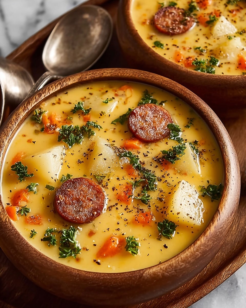 A close-up of two wooden bowls filled with creamy yellow soup that contains small round slices of brown sausage, white chunky potato pieces, tiny orange carrot bits, and green parsley leaves scattered on top. The soup looks thick and smooth with a sprinkle of black pepper and other spices over it. The bowls are placed on a wooden tray with two silver spoons beside them, all set on a white marbled surface. photo taken with an iphone --ar 4:5 --v 7