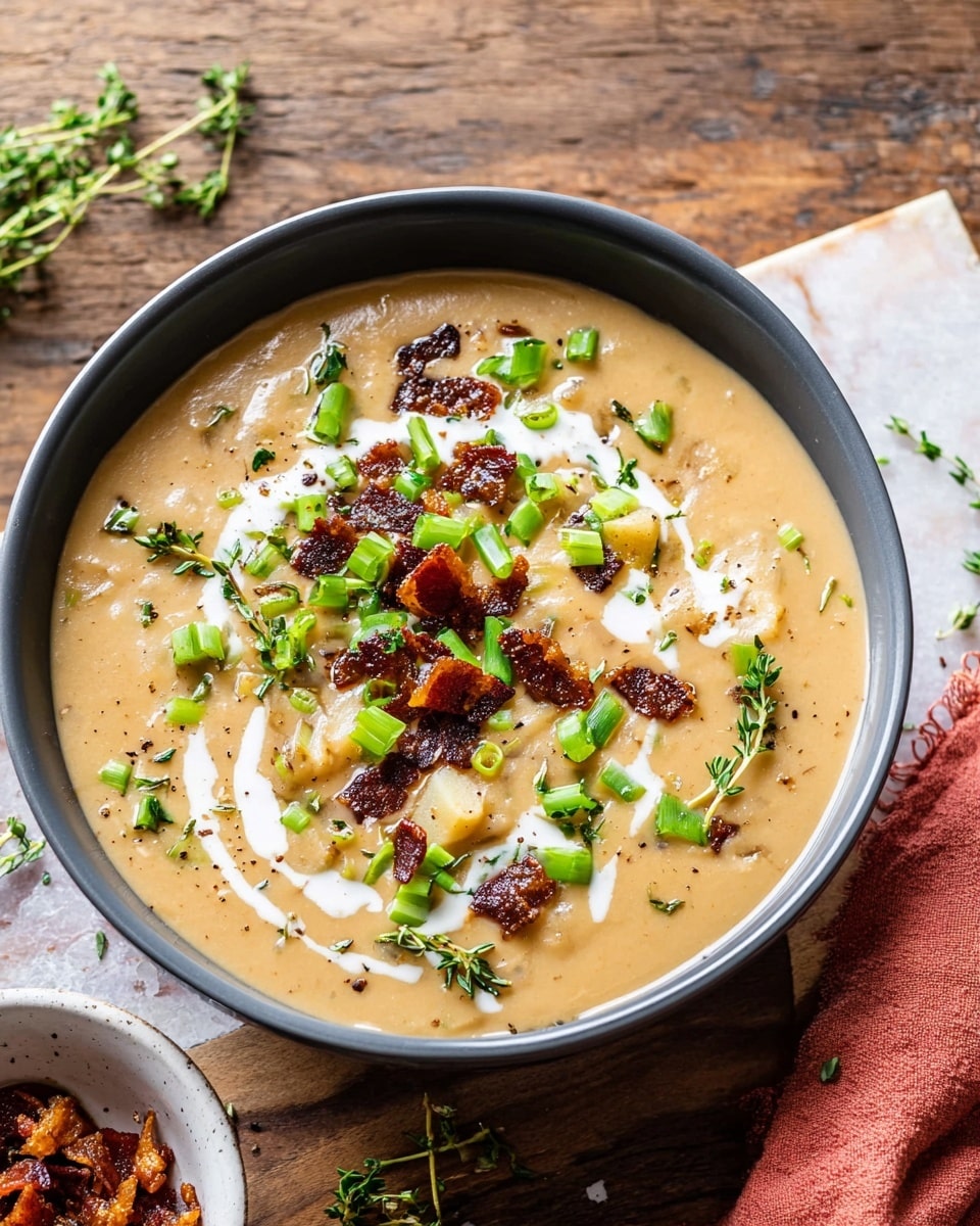 The dish is a thick soup served in a deep gray bowl placed on a wooden table with a white marbled texture underneath. The soup itself is creamy light brown with visible chunks of soft potato scattered throughout the base layer. On top, there are dark brown crispy bacon pieces and vibrant bright green sliced scallions spread evenly, with a drizzle of white cream adding a smooth contrast. Small sprigs of fresh green thyme are used as garnish, placed delicately on the surface. A coral cloth napkin rests next to the bowl, and a small white bowl with more crispy bacon sits in the bottom corner. Photo taken with an iphone --ar 4:5 --v 7