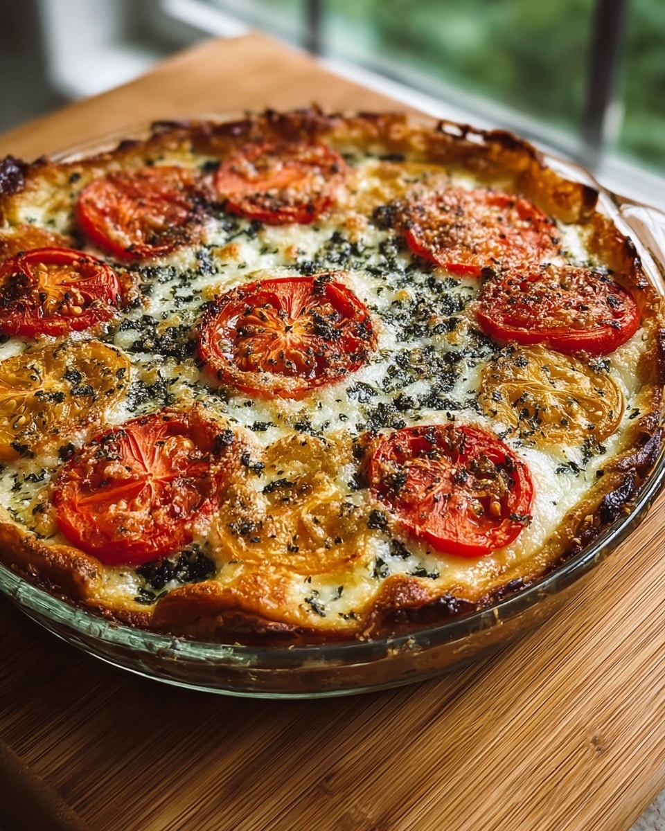 A round pizza with a golden brown, crispy crust forms the base. On top, there is a layer of melted white cheese mixed with green herbs spread evenly. Slices of red and yellow tomatoes are placed on top of the cheese in a scattered but balanced way, some showing a slight charring from baking. The herbs are sprinkled across the cheese and tomato slices, adding green specks everywhere. The pizza is in a clear glass dish set on a wooden board, with soft natural light highlighting the textures and colors. Photo taken with an iphone --ar 4:5 --v 7