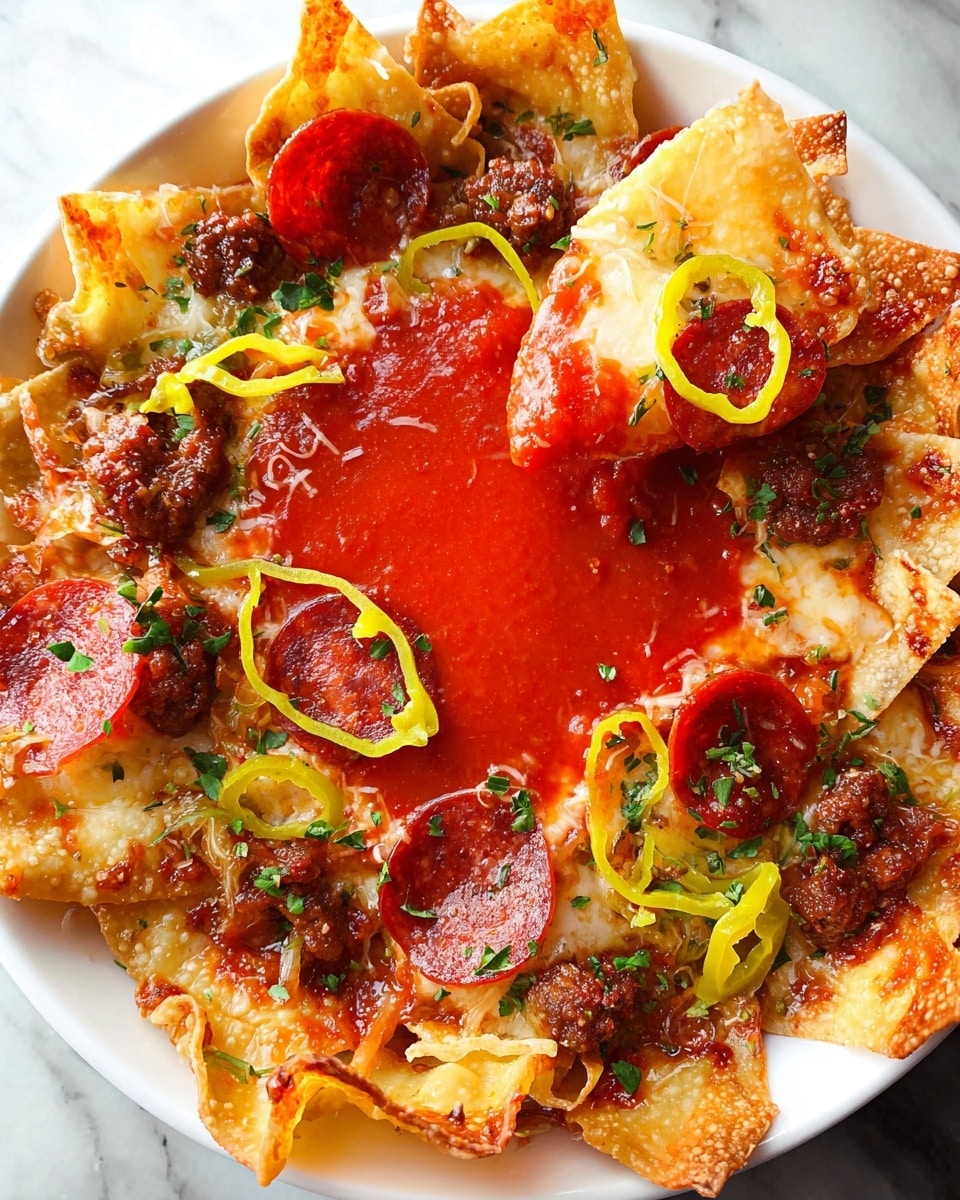 A white bowl in the center is filled with bright red, smooth marinara sauce. Around it, crispy golden-brown Italian wonton chips form a thick layer, each topped with melted light beige cheese, small dark brown cooked sausage pieces, and bright red pepperoni slices. Scattered on top are curled, thin slices of yellow pepperoncini and small green parsley bits, adding color contrast. One chip dips into the sauce, showing a mix of all toppings. The dish sits on a white marbled surface. photo taken with an iphone --ar 4:5 --v 7