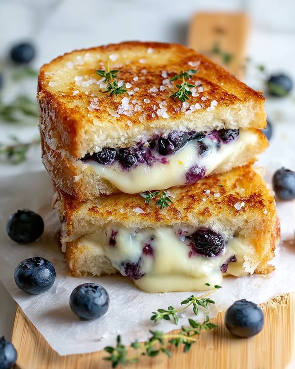 A toasted sandwich cut in half and stacked, each slice showing a golden brown, crispy outer bread layer sprinkled with coarse salt and small green thyme leaves, inside melted creamy white cheese with visible juicy blueberries embedded within the cheese layer, resting on white parchment paper over a light wooden board, with scattered fresh blueberries and thyme sprigs around it, all arranged on a white marbled surface, photo taken with an iphone --ar 4:5 --v 7