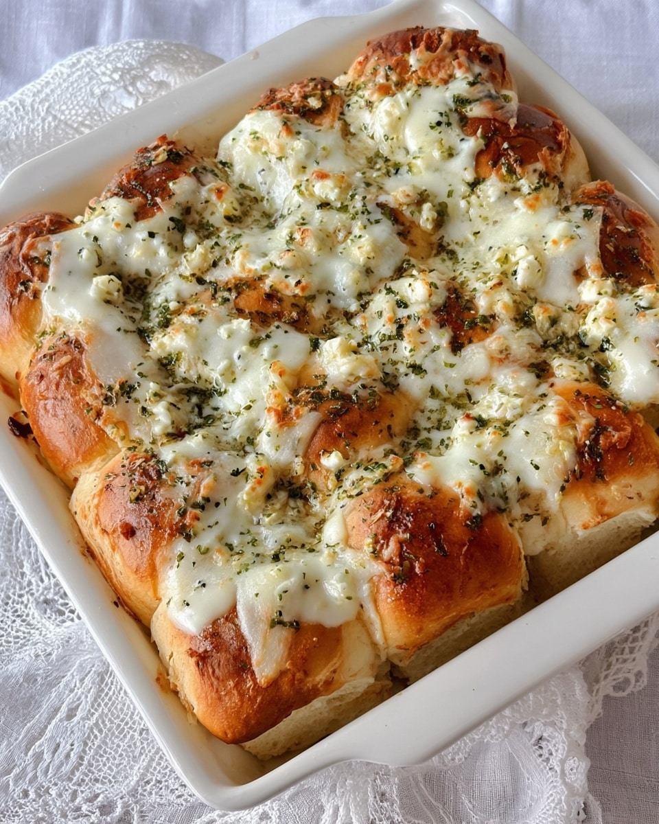 The dish shows several soft golden brown bread rolls arranged closely in a white square baking dish. The top has a thick layer of melted white cheese mixed with small bits of garlic and green herb flakes spread evenly. The cheese is melted smoothly over the tops of the rolls and partly between the gaps, creating a gooey texture. Some browned cheese edges are slightly visible, showing a well-baked finish. The dish rests on a white marbled textured surface with a hint of a white lace fabric beneath. Photo taken with an iphone --ar 4:5 --v 7