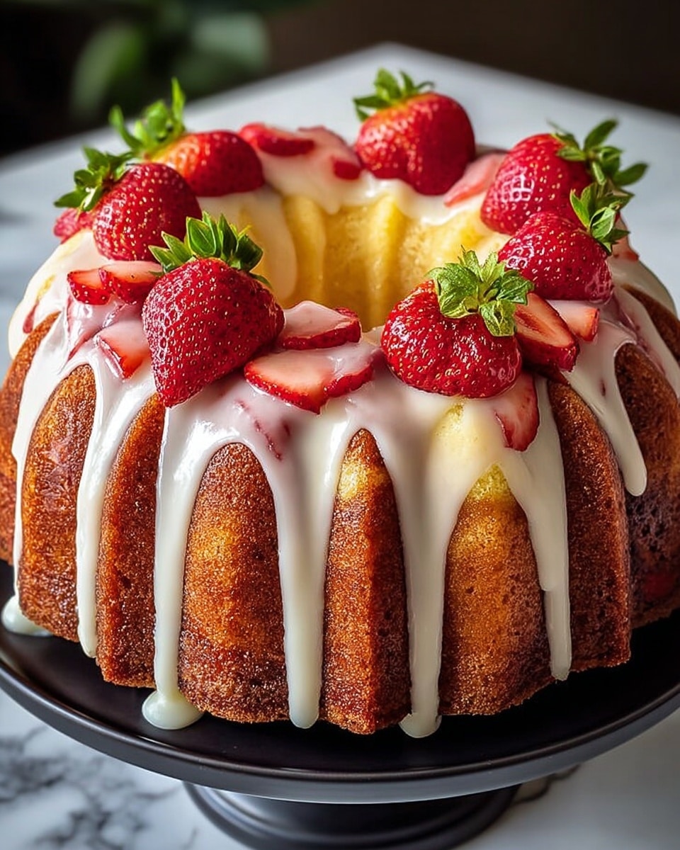 A bundt cake with a golden brown base layer, studded with bright red strawberry slices embedded throughout, topped with a thick layer of white glaze dripping slowly down the sides, resting on a white plate with black floral patterns, all placed on a white marbled surface, fresh strawberries scattered nearby, and a blurred green plant in the background, photo taken with an iphone --ar 4:5 --v 7