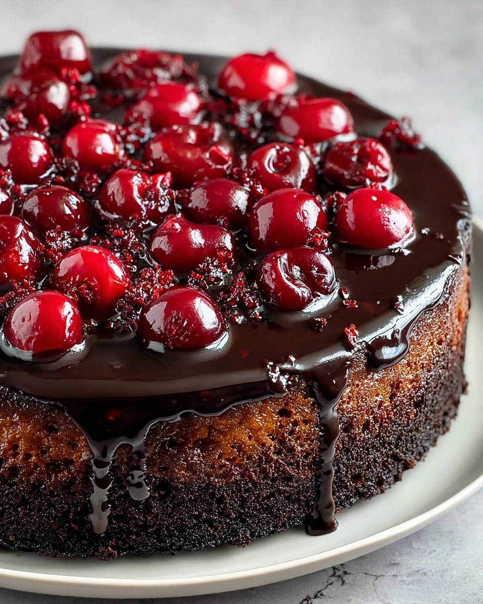 A round chocolate cake with a dark, moist textured base forms the bottom layer, appearing rich and dense. The top layer is glossy, dark chocolate glaze that shines and drips slightly over the edges. On top of the glaze, there are many whole, bright red cherries scattered evenly, some embedded in the glaze and others sitting on top, giving a vibrant contrast to the dark chocolate. The cake sits on a white plate, and the background is a white marbled texture. photo taken with an iphone --ar 4:5 --v 7