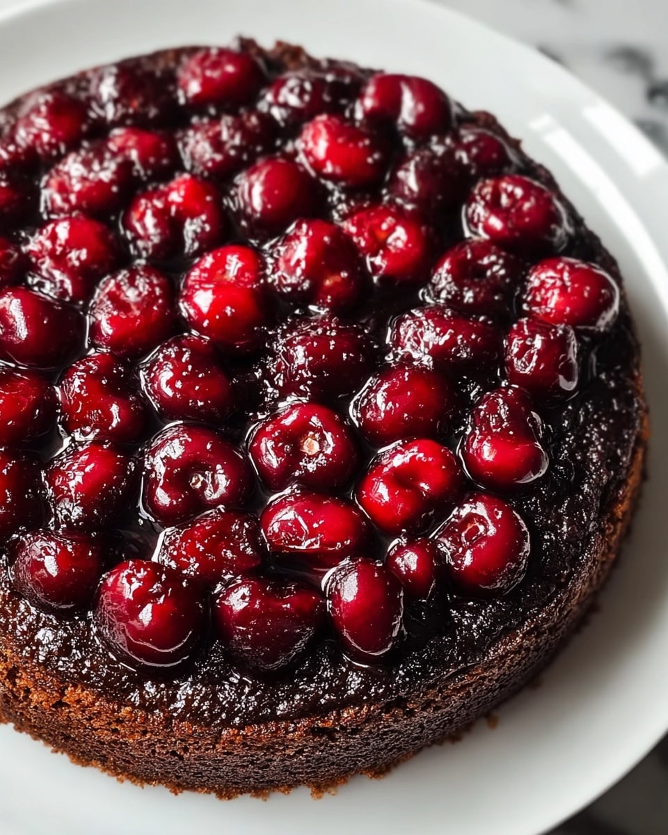 A round chocolate cake sits on a white plate, showing a moist dark brown base layer with a rough texture. On top, a thick layer of glossy, dark red cherries covers the cake evenly, each cherry looking plump and shiny with a sticky glaze that spreads slightly between them. The cherries create a bumpy, juicy surface that contrasts with the matte cake beneath. The image is crisp, focusing closely on the cake and plate, set against a white marbled texture. photo taken with an iphone --ar 4:5 --v 7