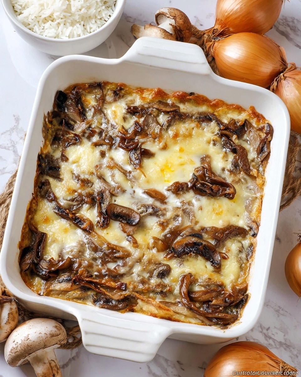 The dish is a golden-brown baked casserole in a white square ceramic baking dish with a handle. The top layer is a rich, melted cheese with browned, crispy edges, covering a layer of cooked, dark brown sautéed mushrooms and onions scattered unevenly throughout. The mushrooms have a slightly glossy texture, while the onions appear caramelized with some charred spots for extra color. The background shows a white marbled surface with whole onions and mushrooms placed around the dish, and a small white bowl filled with white rice in the top left corner. photo taken with an iphone --ar 4:5 --v 7