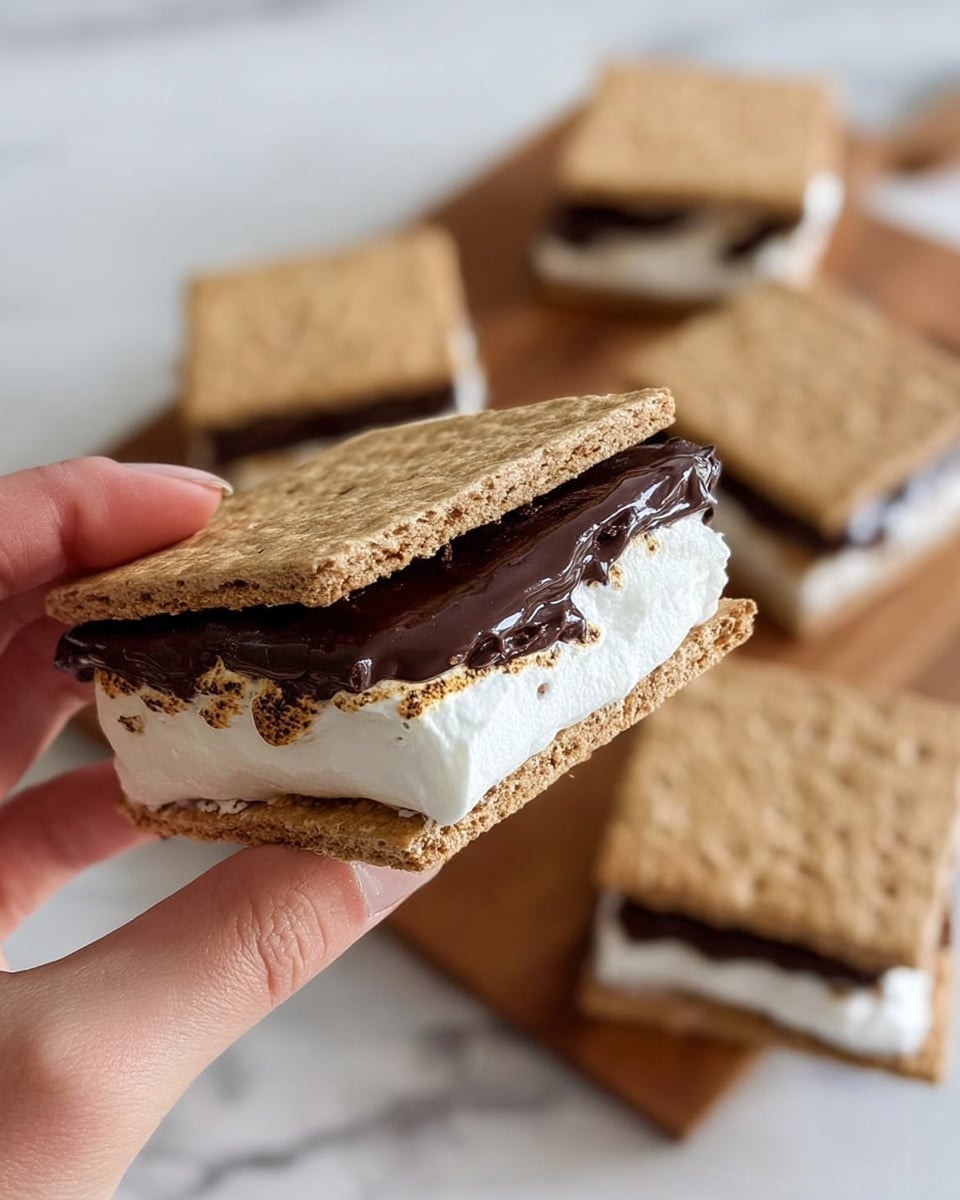 A woman's hand holds a square s'more made of three layers: the top and bottom are light brown graham crackers with a rough, textured surface; in the middle, a thick layer of dark chocolate with a shiny, slightly cracked texture sits above a fluffy white marshmallow layer that looks soft and creamy. In the background, several more s'mores pieces rest on a wooden board placed on a white marbled surface. Photo taken with an iphone --ar 4:5 --v 7