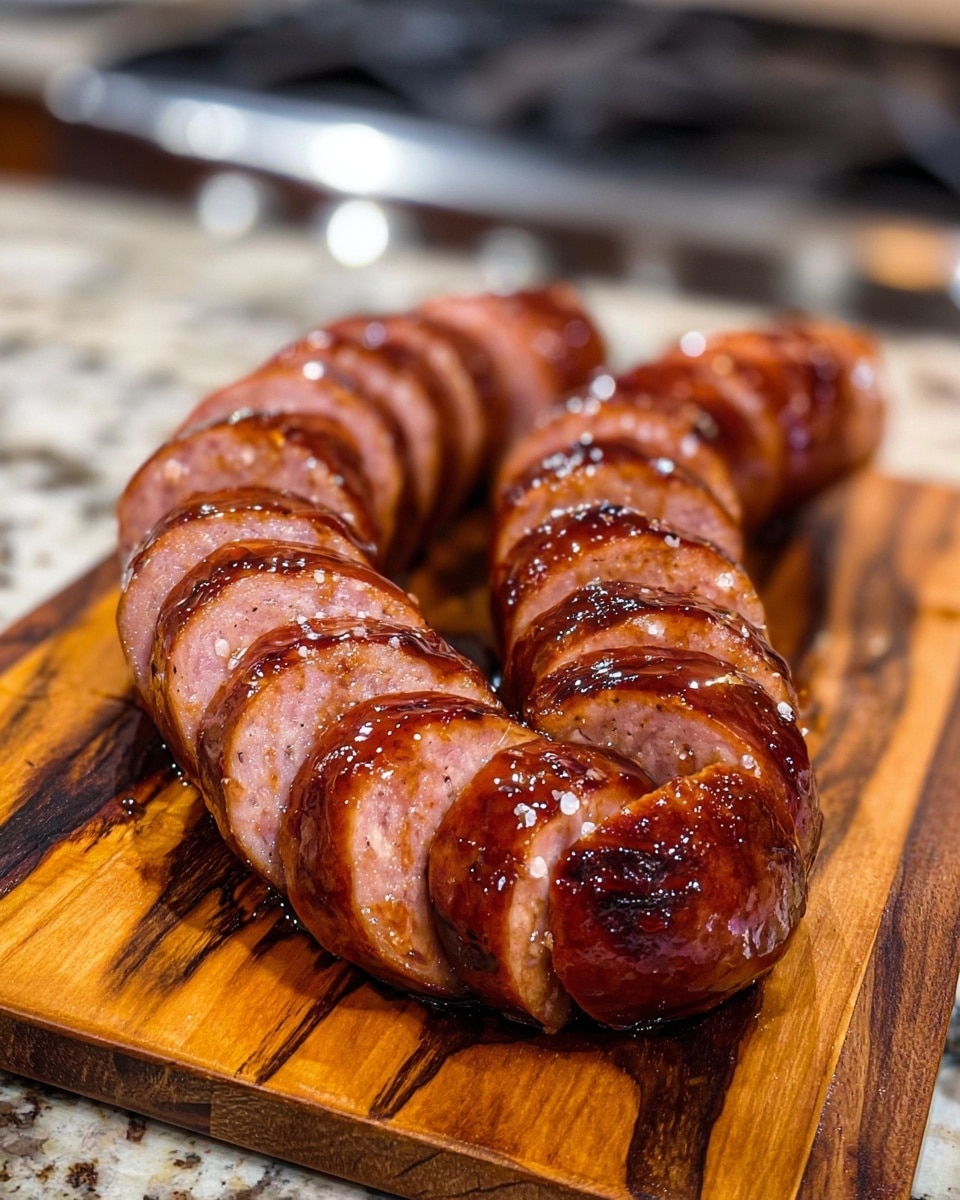 The image shows two thick sausages cut into slices and arranged in a curved line on a wooden cutting board with dark, natural grain patterns. Each sausage slice has a shiny, dark brown outer layer with a sticky glaze and visible grill marks. The inside of the sausage is pink and moist. The cutting board sits on a granite countertop with a white marbled texture. The background shows a blurred kitchen stove. The presentation highlights the glossy texture and juicy appearance of the sausage slices. photo taken with an iphone --ar 4:5 --v 7