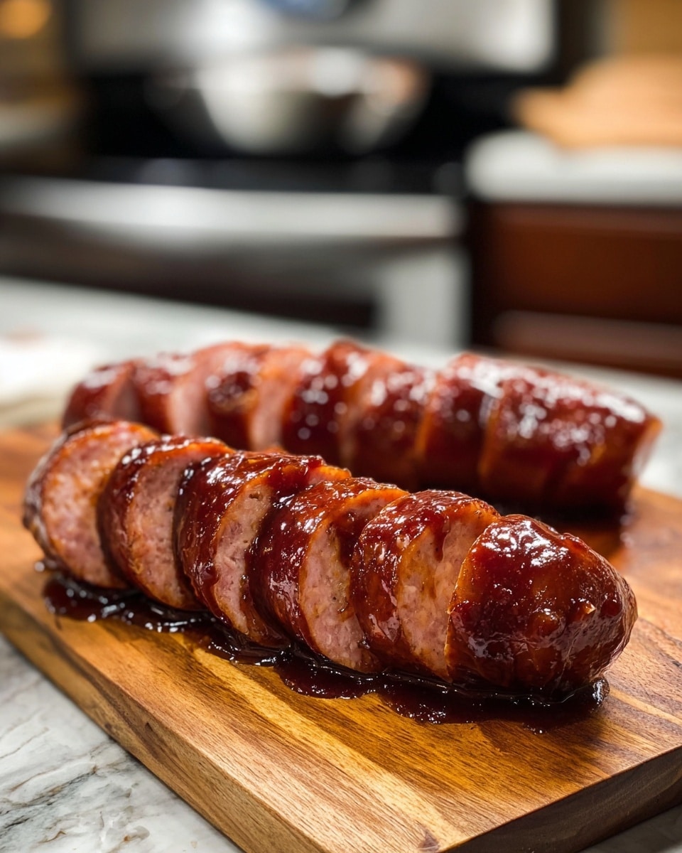 Two thick sausages, cut into even slices, are arranged on a wooden cutting board with a rich glaze of shiny, dark brown sauce covering the outside of each slice. The sausage slices are reddish-pink inside and have a slightly coarse texture. The cutting board sits on a white marbled surface, with soft kitchen appliances blurred in the background. The lighting highlights the juicy, glossy texture of the sauce, making the sausages look freshly cooked and flavorful. Photo taken with an iphone --ar 4:5 --v 7
