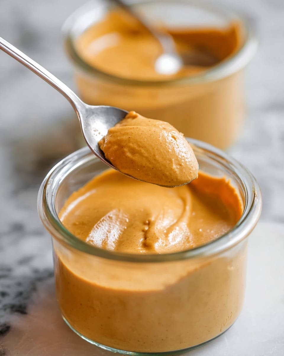 The image shows a close-up of smooth, creamy pumpkin mousse dessert in two small clear glass jars placed on a white marbled texture. The mousse has a rich orange color with a slightly glossy surface. One jar is in the front with a silver spoon resting inside it, showing the creamy texture and a small scoop taken out. Another spoon with a dollop of the mousse is held above the front jar by a woman's hand. The background shows a blurred view of another mousse jar on the same surface. The overall scene is bright and focused on the soft, airy texture of the pumpkin mousse. photo taken with an iphone --ar 4:5 --v 7