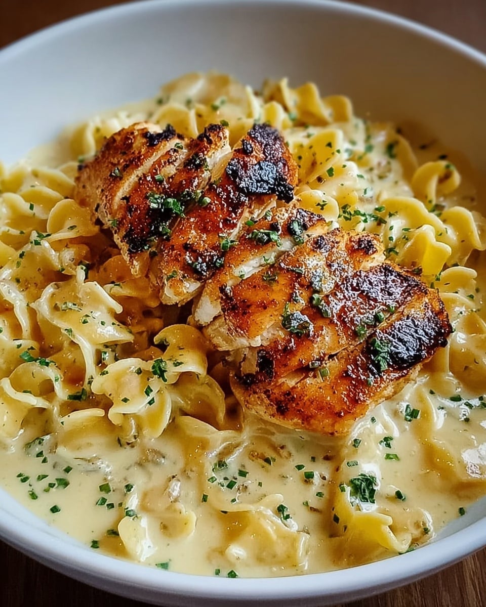 The image shows a white bowl filled with creamy pasta at the bottom, with a smooth, light yellow sauce coating the curly noodles. On top of the pasta, there are two pieces of grilled chicken that are golden brown with visible grill marks and a slightly charred texture. Small bits of green herbs are sprinkled over both the chicken and pasta, adding a touch of color contrast. The bowl is placed on a surface with white marbled texture. Photo taken with an iphone --ar 4:5 --v 7