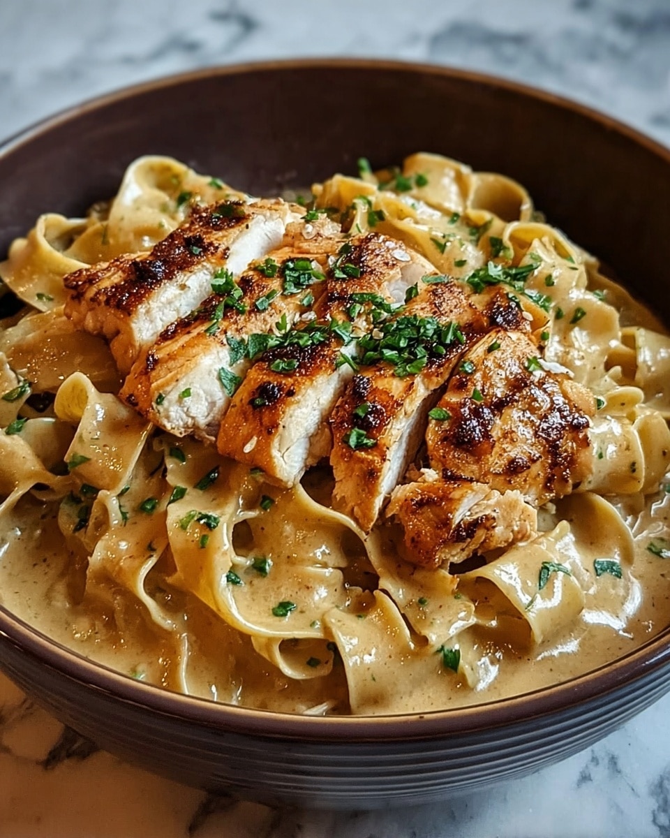 A deep brown bowl holds a creamy pasta dish with wide, flat noodles coated in a smooth, light tan sauce. On top, several pieces of grilled chicken breast are sliced and placed in the center, showing juicy, white meat inside with a golden-brown, slightly charred outside. Small green herb leaves are sprinkled over the chicken and pasta, adding a fresh touch of color. The bowl sits on a white marbled surface. photo taken with an iphone --ar 4:5 --v 7