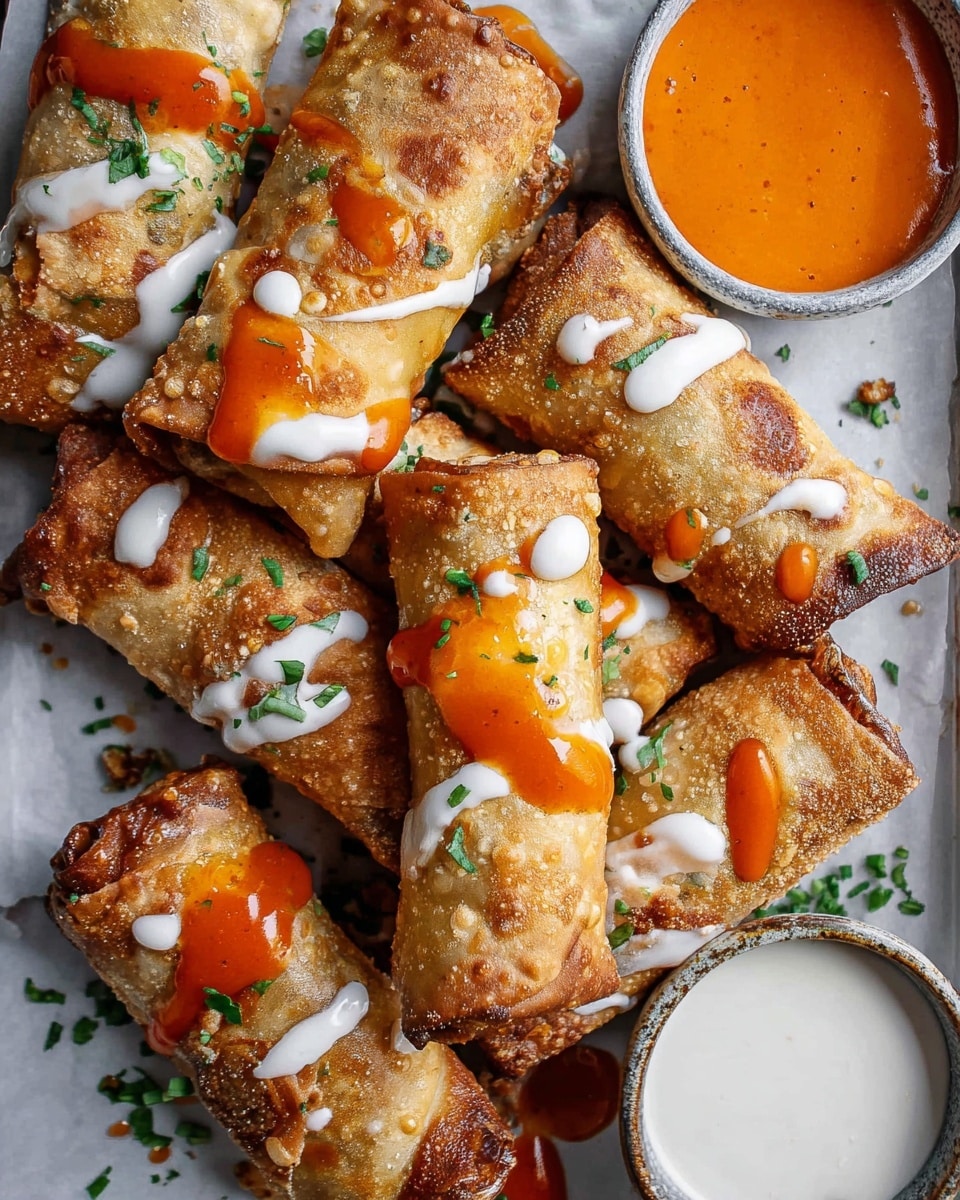 The image shows a pile of golden-brown, crispy rolled egg rolls on a white marbled surface. Each egg roll has a crunchy texture with some parts slightly darker from baking or frying. They are drizzled with white creamy sauce and bright orange hot sauce, adding splashes of color over the rolls. Small green herb pieces are sprinkled on top for garnish. Around the egg rolls, there are two small bowls, one filled with a smooth bright orange dipping sauce and the other with white sauce. The whole setting looks fresh and vibrant, perfect for a tasty snack photo taken with an iphone --ar 4:5 --v 7