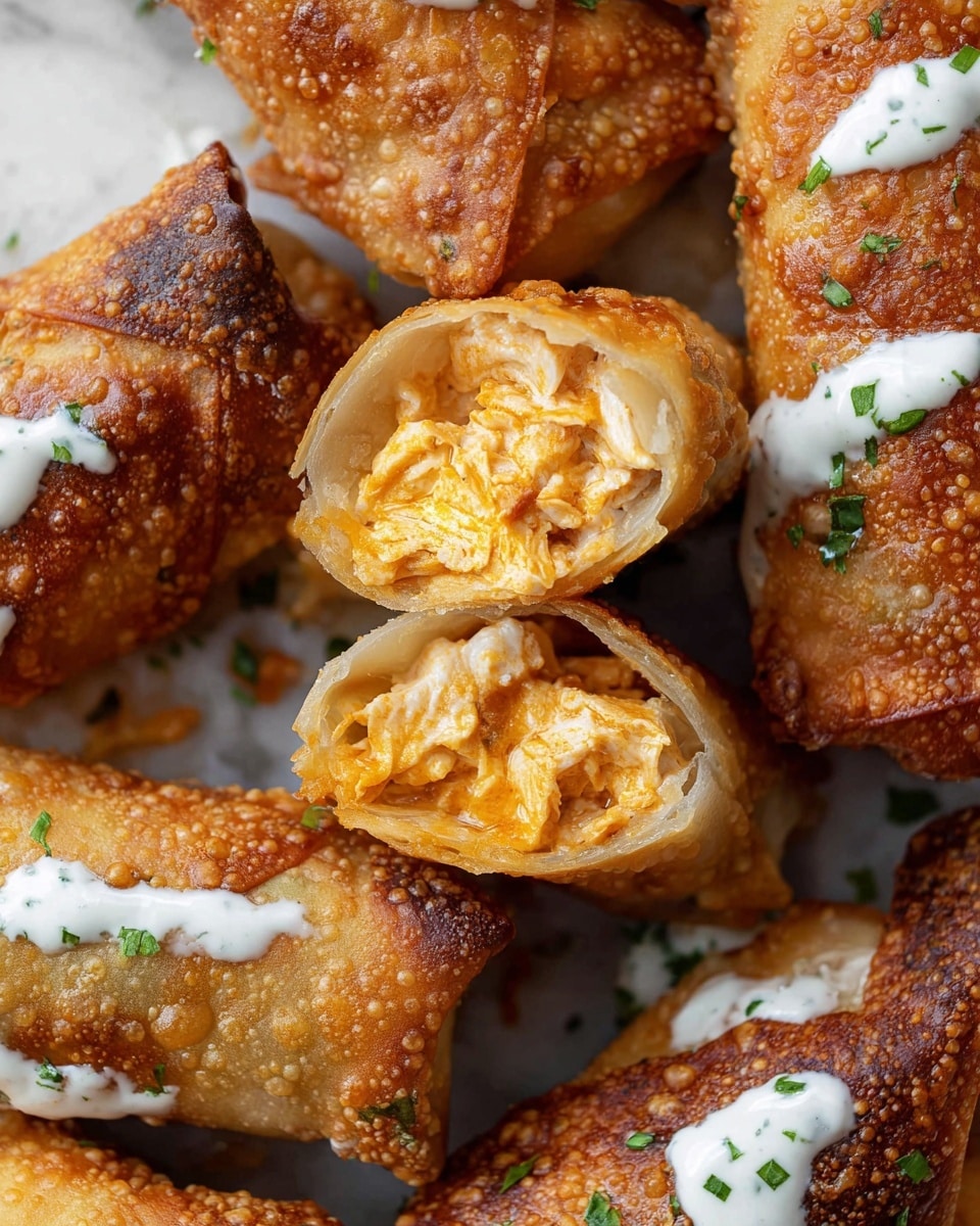 The image shows golden brown fried egg rolls with a crispy, textured outer layer, some topped with a white creamy sauce and small green herb pieces. One egg roll is cut open in the center, revealing two layers inside: a soft, slightly creamy bright orange filling mixed with lighter beige shredded chicken or similar meat. The egg rolls are placed closely together on a white marbled surface, where some more sauce and herbs are visible on the rolls and around them. Photo taken with an iphone --ar 4:5 --v 7