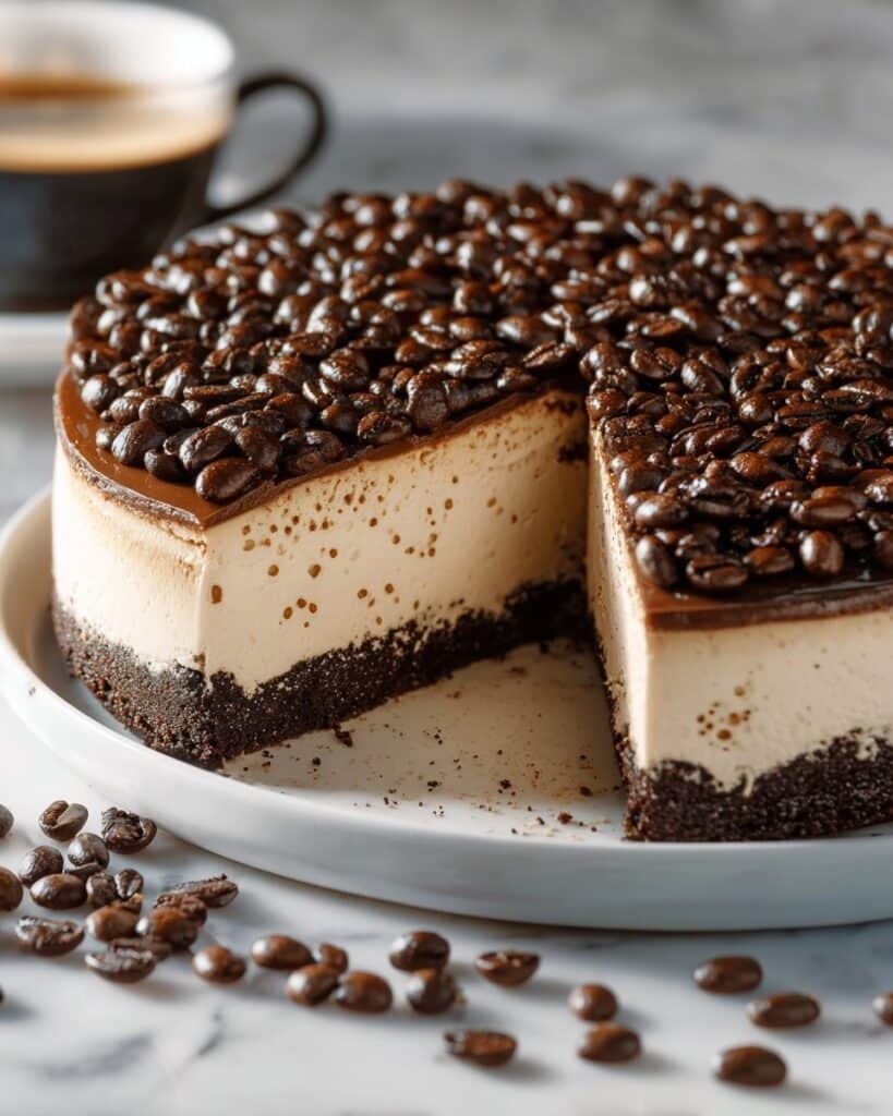 Espresso Cheesecake with Chocolate Ganache and Coffee Bean Garnish Recipe