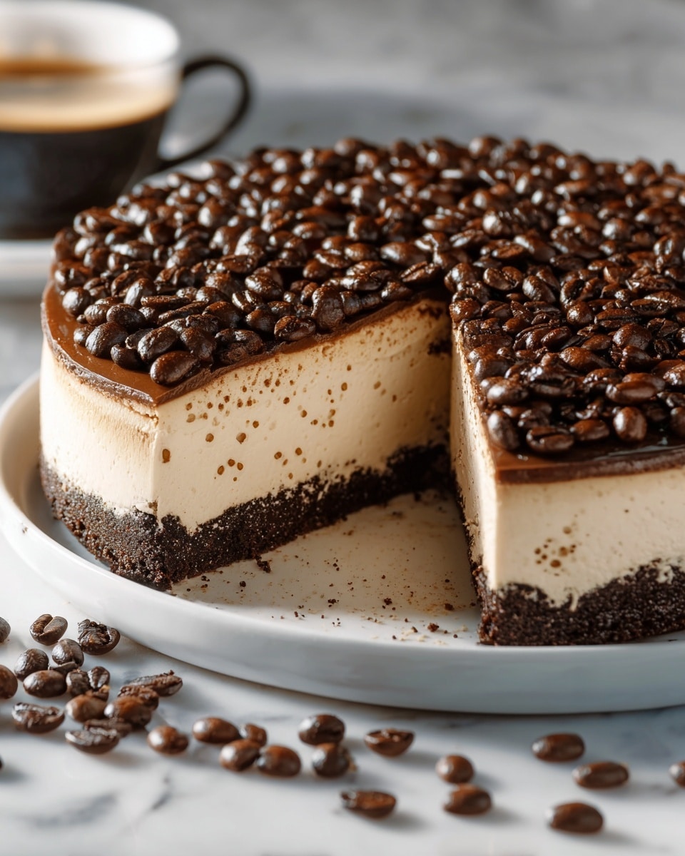 A round cake with three visible layers sits on a white plate placed on a white marbled surface. The bottom layer is dark brown and crumbly, resembling a chocolate crust. The middle layer is thick, creamy, and light beige with small air bubbles and darker specks throughout. The top layer is made up of numerous shiny, dark brown coffee beans spread evenly across the surface. A slice is missing from the cake, revealing the inside texture clearly. Scattered coffee beans are also visible on the white marbled surface around the plate. photo taken with an iphone --ar 4:5 --v 7