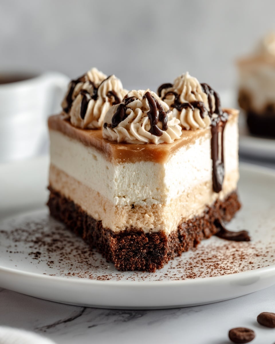 A slice of layered dessert sits on a white plate, placed on a white marbled surface. The bottom layer is a dark brown, crumbly crust that looks dense and rich. Above it, there is a thin light caramel-colored layer, smooth and glossy. The thick top layer is creamy and pale beige, with a soft and fluffy texture. On top, there are four swirls of cream, some light beige and others a darker brown, with a drizzle of chocolate sauce on the right side. Light cocoa powder is sprinkled over the top and on the plate around the slice, with scattered coffee beans nearby. Photo taken with an iphone --ar 4:5 --v 7