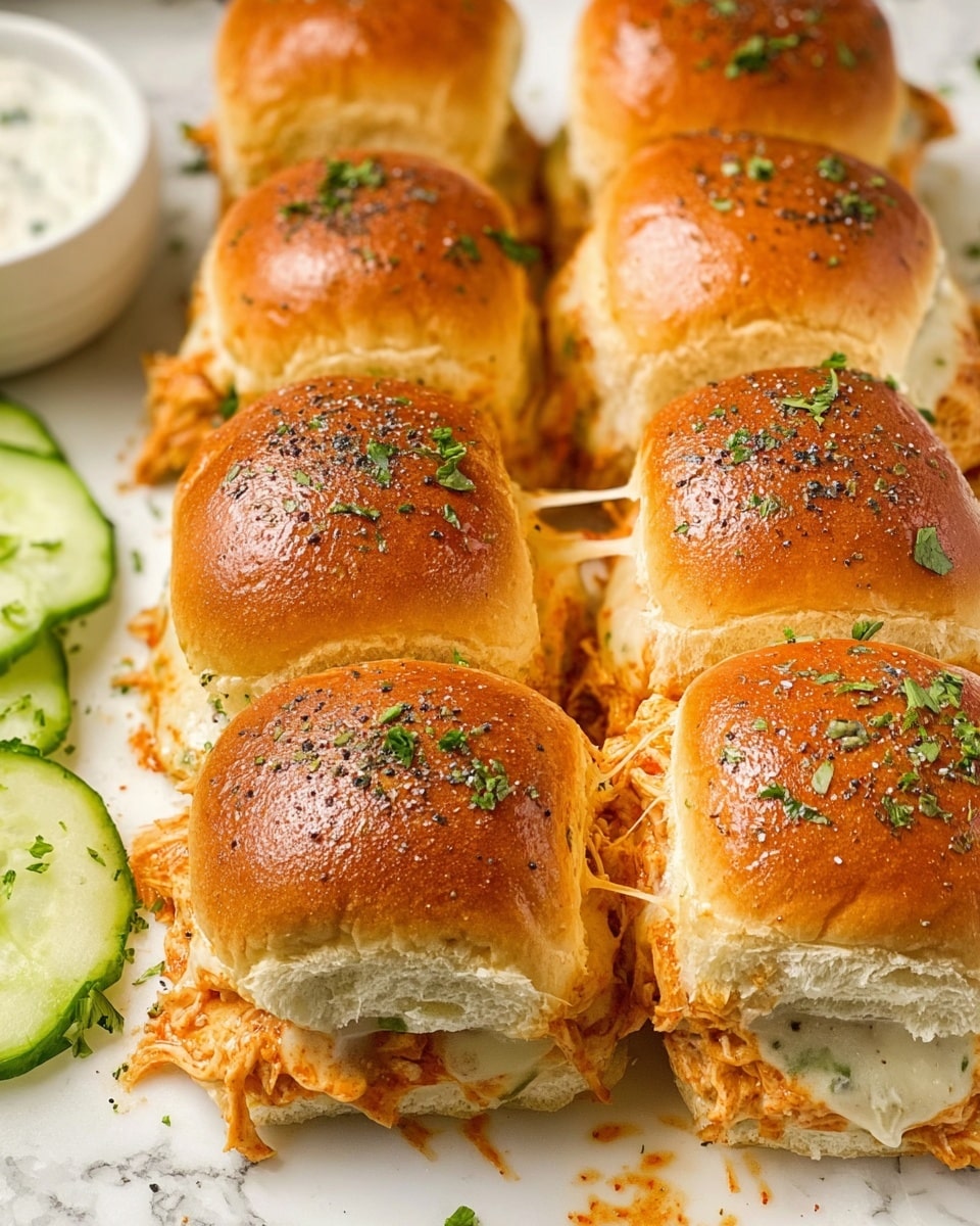 A close-up view of seven baked sliders arranged together on a white marbled surface, each slider with a shiny, golden-brown top sprinkled with small green parsley flakes and black pepper. The buns are soft, slightly glossy, and round, with a light crust that shows some browning. Between the bun layers, melted white cheese stretches and combines with shredded cooked chicken tossed in a rich orange sauce. The sliders are closely packed, causing the cheese to melt and string between them. Some cucumber slices and a small white bowl with a creamy dip are partially visible in the background. photo taken with an iphone --ar 4:5 --v 7
