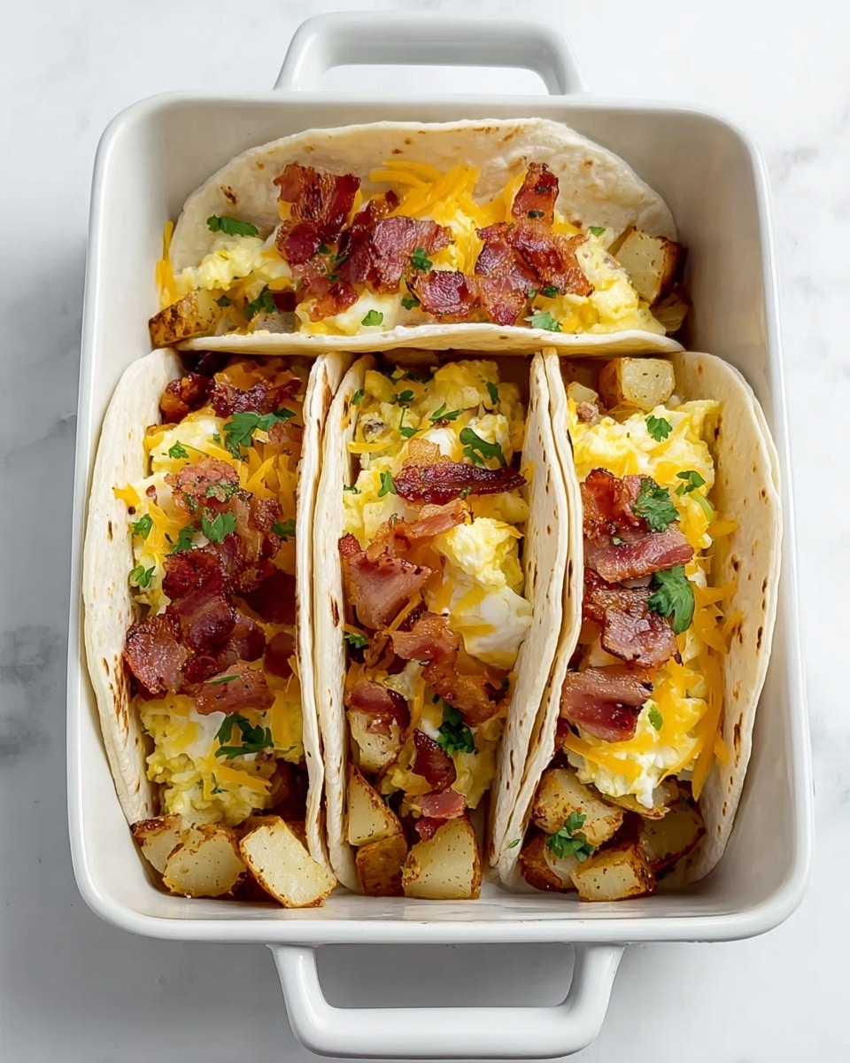 Four breakfast tacos are placed side by side inside a white ceramic dish with a handle on the side, set on a white marbled surface. Each taco has a soft, lightly toasted white tortilla shell folded over layers starting with golden-brown roasted potato chunks at the base, topped with fluffy yellow scrambled eggs, melted light yellow and white shredded cheese, and crispy reddish-brown bacon pieces, garnished with small green cilantro leaves scattered over. The overall look is warm and inviting, with the layers clearly visible and the colors contrasting well. Photo taken with an iphone --ar 4:5 --v 7