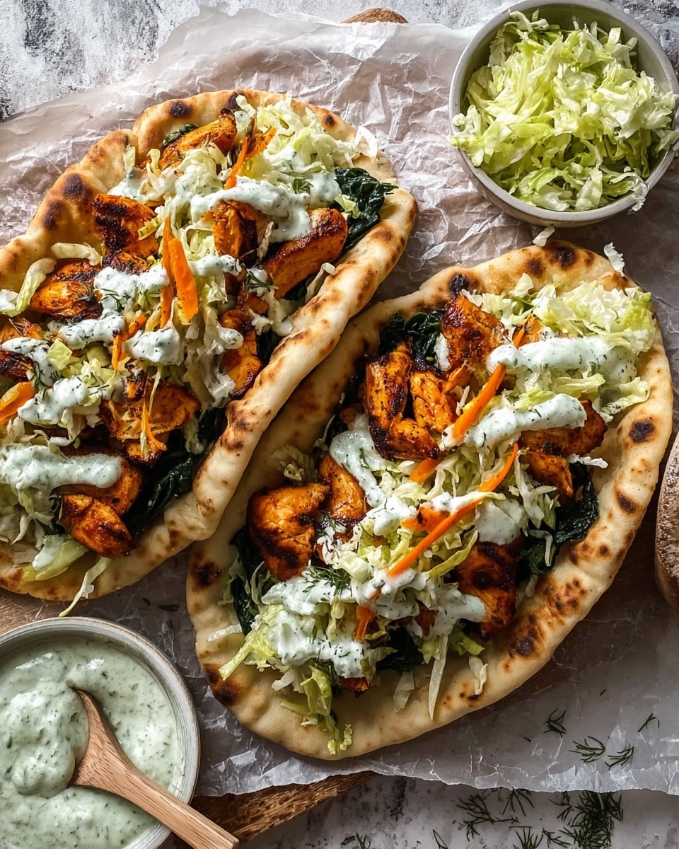 Two flatbread sandwiches are placed side by side on crumpled parchment paper over a white marbled surface. Each sandwich is filled with a bottom layer of dark green leafy greens, followed by bright orange grilled chicken pieces with a slightly charred texture, topped with a thick layer of thinly shredded pale green lettuce mixed with a few orange carrot strands. On top, there is a drizzle of creamy white sauce with green herbs. Near the sandwiches, two small round white bowls contain shredded lettuce and a creamy herb sauce, each with a small wooden spoon. Photo taken with an iphone --ar 4:5 --v 7