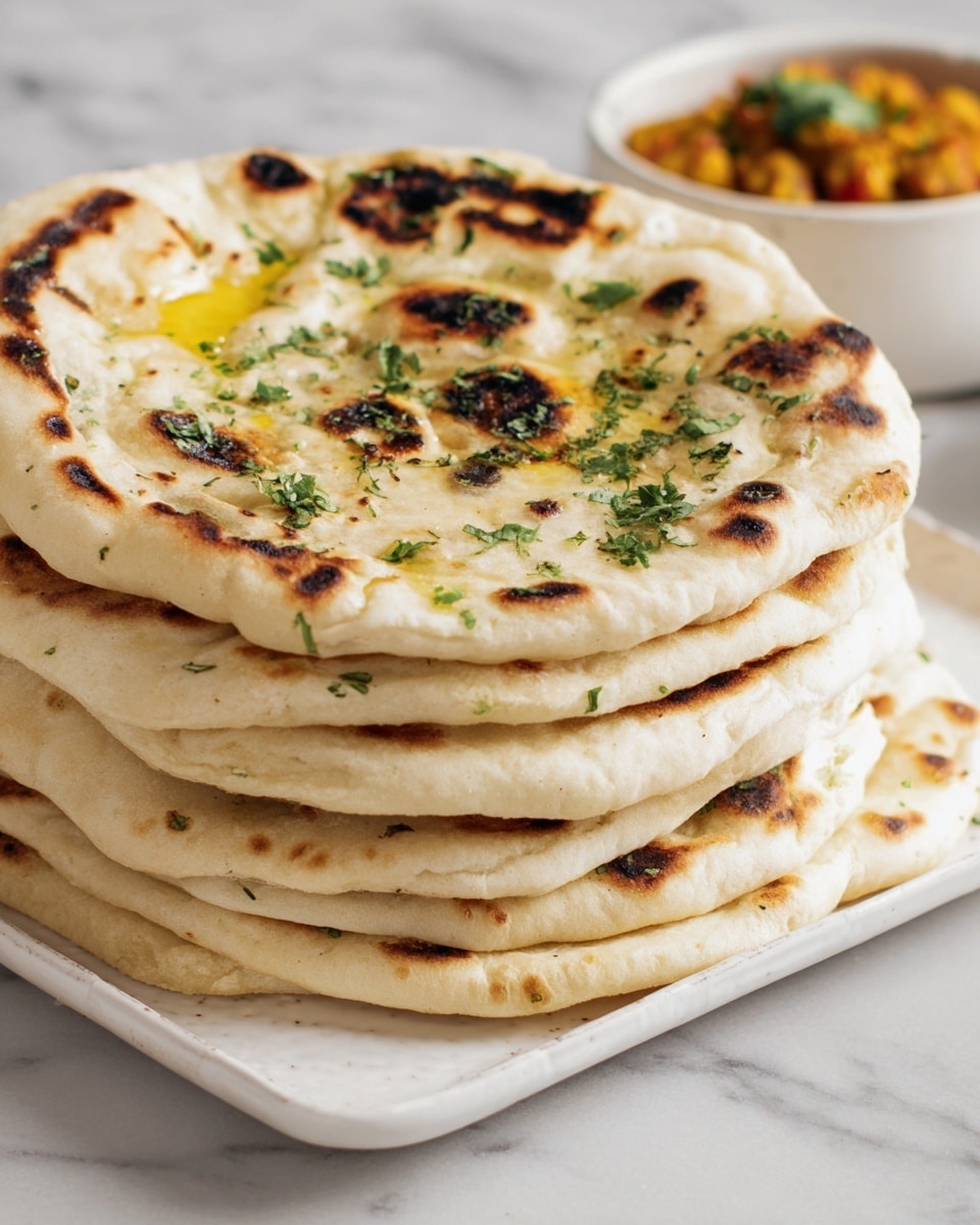 The image shows a stack of six flatbreads on a rectangular white plate placed on a white marbled surface. The top flatbread is light brown with charred spots and a few green herb leaves sprinkled on it, with a small drizzle of yellow oil pooling in the center. Each flatbread layer looks thick and soft with uneven edges, slightly browned from cooking. In the background to the right, there is a bowl with a colorful curry, but the focus is mainly on the flatbreads. Photo taken with an iphone --ar 4:5 --v 7