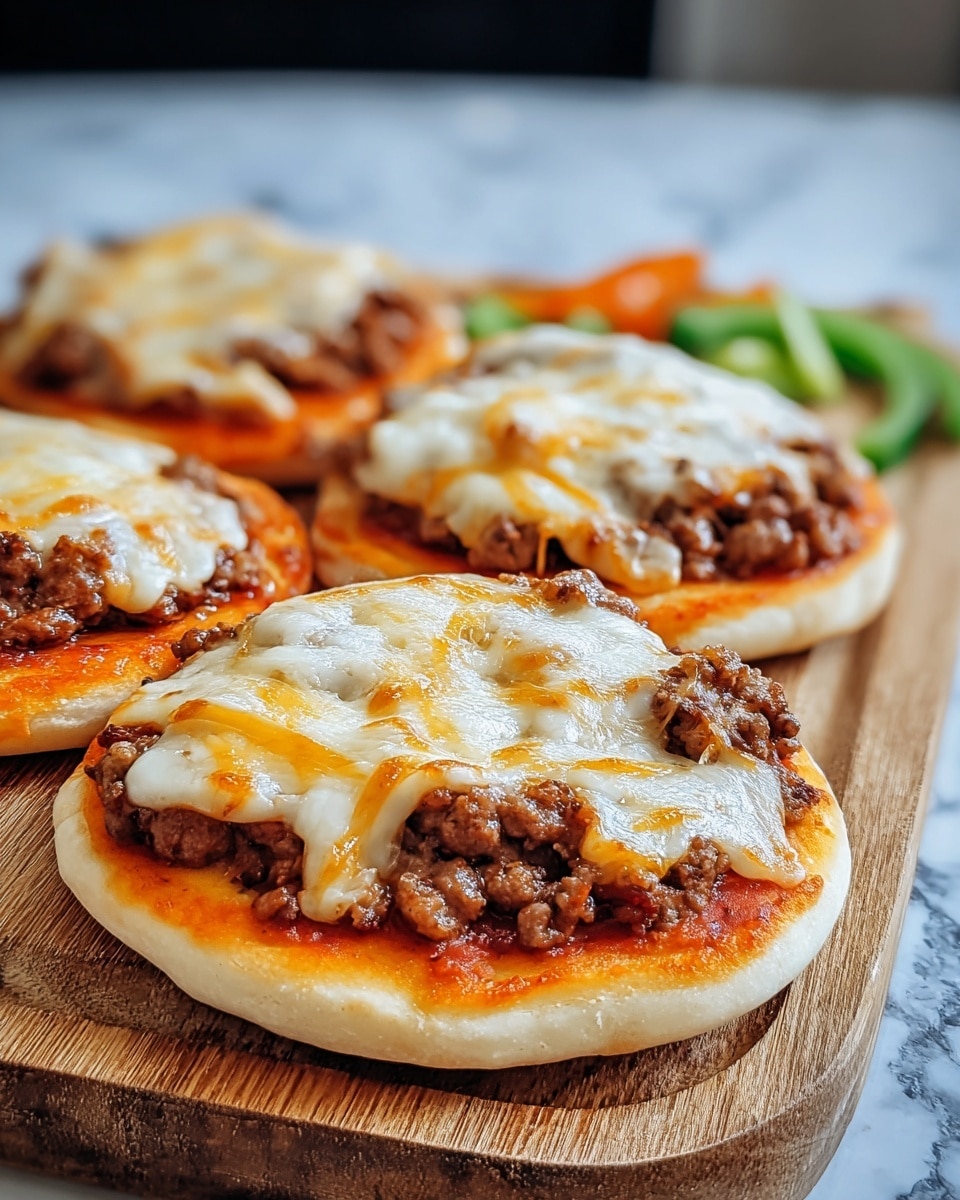 The image shows four mini pizzas on a wooden board. Each mini pizza has three visible layers: a light golden-brown crust on the bottom as the base, a bright orange-red layer of tomato sauce spread evenly on top of the crust, and a thick layer of cooked ground beef with a melted, slightly browned cheese layer on top that stretches down the sides. Small pieces of green bell pepper are visible around the board. The background is a white marbled texture. photo taken with an iphone --ar 4:5 --v 7