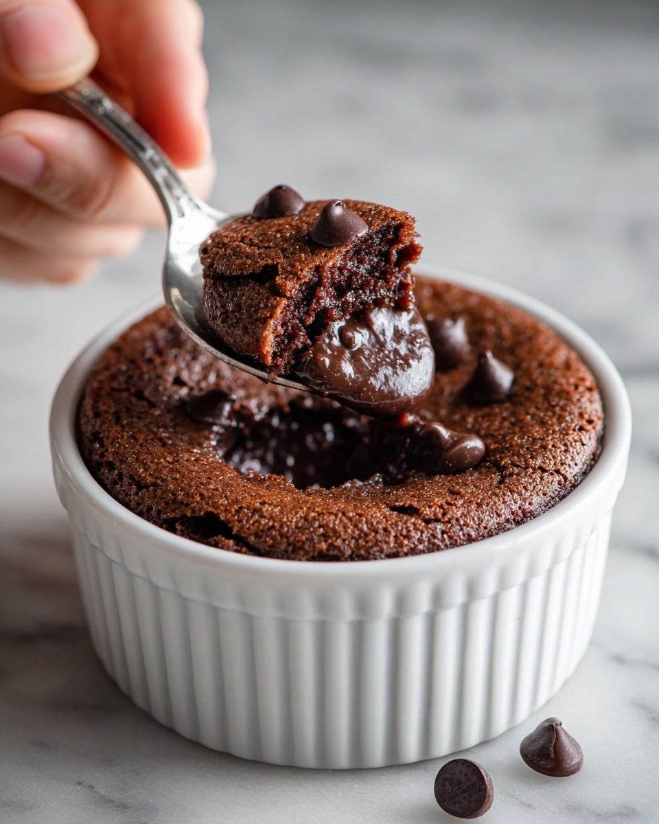 A small white ceramic ramekin holds a rich chocolate dessert with a soft, molten center. The top layer is dark brown with a slightly cracked, cake-like texture, studded with shiny dark chocolate chips scattered unevenly. A spoon lifts a portion, revealing a gooey, glossy chocolate layer underneath that looks smooth and creamy, contrasting with the firmer outer layer. A woman's hand holds the spoon, slightly visible at the right edge of the ramekin. The dish sits on a white marbled surface. photo taken with an iphone --ar 4:5 --v 7