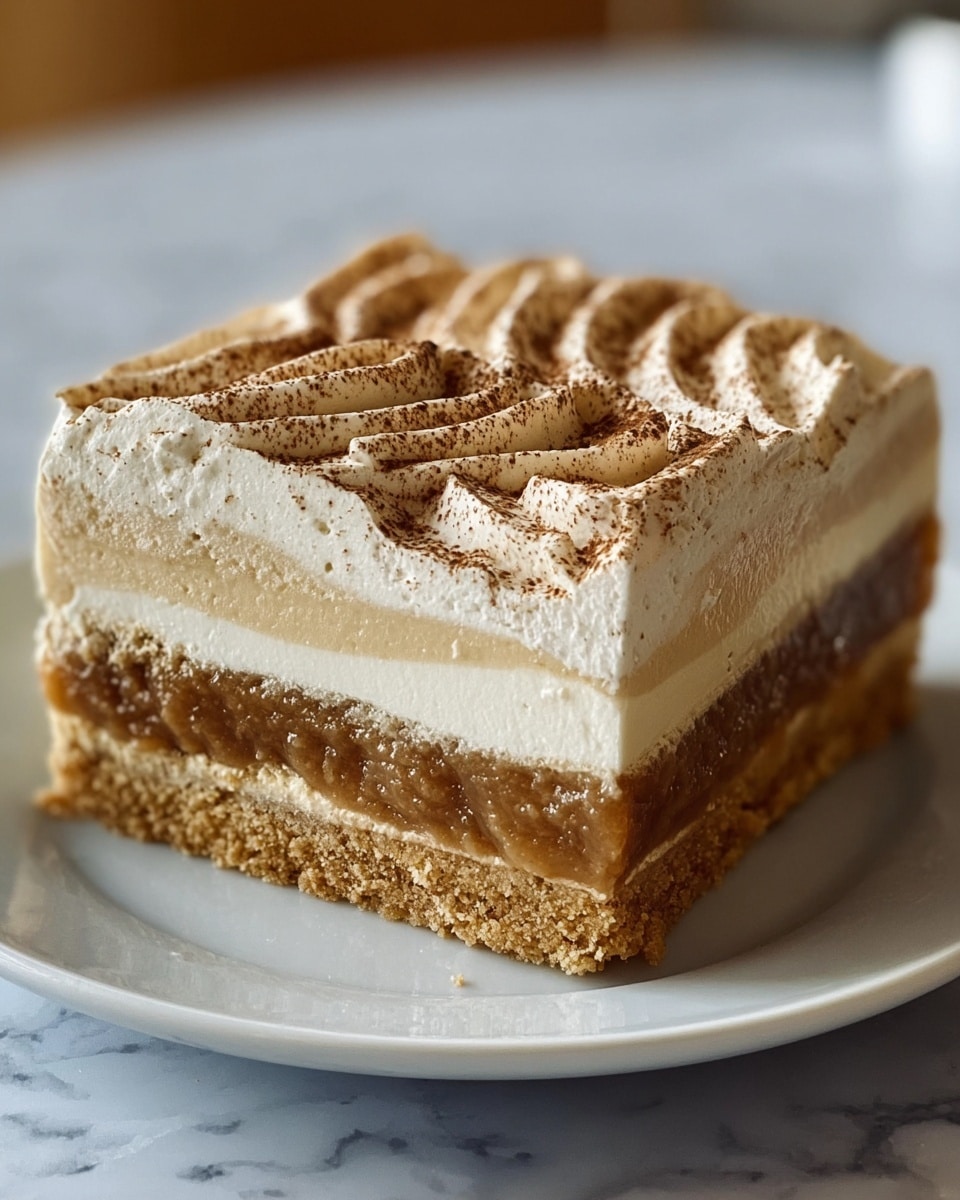 A square piece of dessert with four distinct layers is shown on a white plate, all set on a white marbled surface. The bottom layer is a thick, crumbly golden-brown crust. Above this is a creamy off-white layer, smooth in texture and evenly spread. The third layer is a thick, chunky caramel brown filling that looks dense and sticky. The top layer is a light beige whipped cream with soft swirls and sprinkled with a fine dusting of brown powder, creating a textured pattern on the surface. Photo taken with an iphone --ar 4:5 --v 7