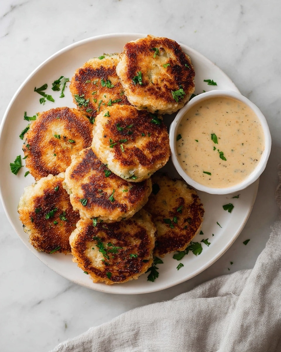A white plate with a neat stack of eight golden-brown patties showing a crispy texture, each one round and thick with browned, slightly uneven edges. The patties are sprinkled with small pieces of fresh green herbs, adding a pop of color on top and around the plate. To the right of the plate is a small white bowl filled with a creamy, light-colored dipping sauce with tiny herb specks. A light gray cloth is casually placed at the bottom right corner on a white marbled surface that forms the background. photo taken with an iphone --ar 4:5 --v 7