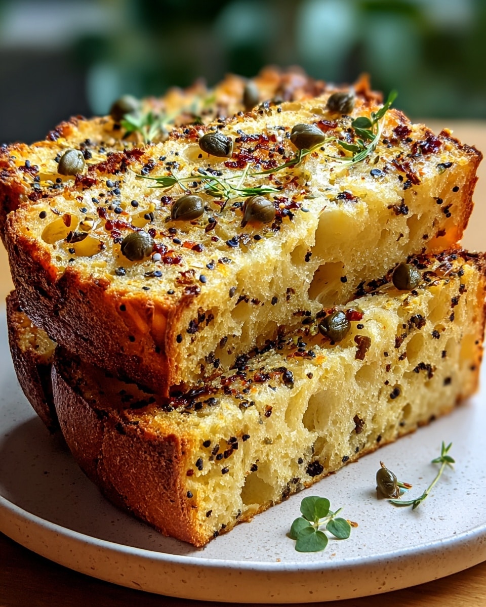 Three thick slices of savory bread are stacked slightly overlapping on a white plate. Each slice has a golden brown crust with a soft yellow interior dotted with black specks and small holes. The tops are sprinkled with cracked black pepper, bits of reddish seasoning, green capers, and small fresh green herb sprigs, adding texture and color contrast. The background shows a blurred green and earthy theme with a white marbled surface below. photo taken with an iphone --ar 4:5 --v 7