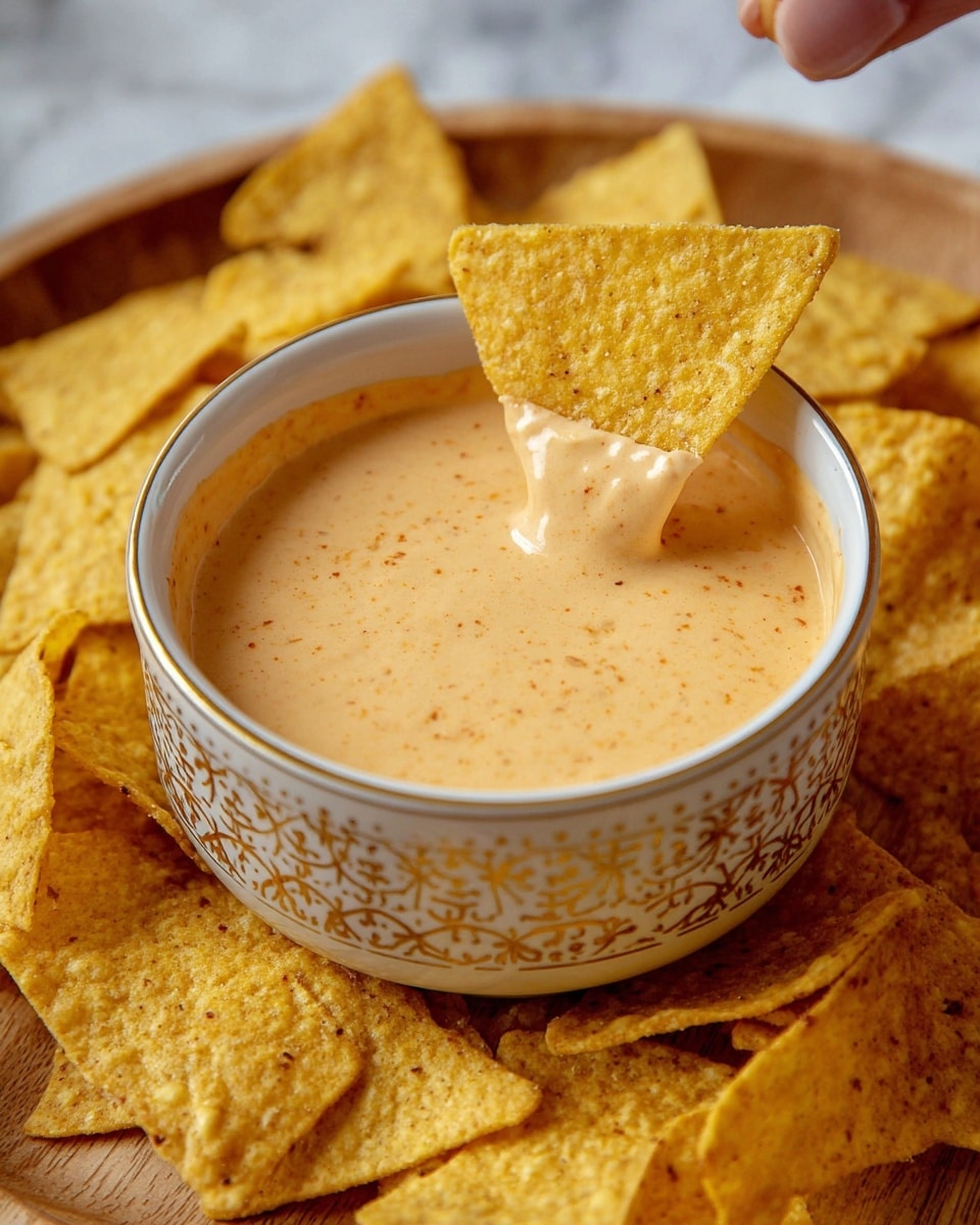 A close-up of a small white bowl with gold patterns filled with smooth, creamy light orange cheese dip with tiny specks of seasoning, with one triangular yellow corn chip dipped into the cheese. The bowl is placed on a wooden tray surrounded by more yellow corn chips with a rough texture, resting on a white marbled surface. photo taken with an iphone --ar 4:5 --v 7