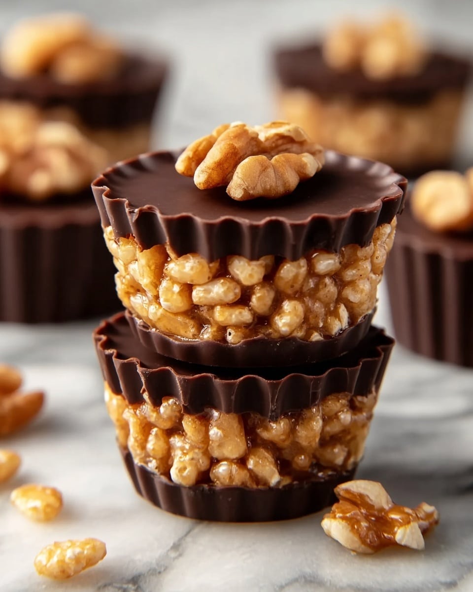 The image shows two small treats stacked, each with three visible layers: the bottom and top layers are solid dark brown chocolate with smooth, slightly shiny texture and ridged sides, while the middle layer consists of light golden puffed rice held together by a glossy, sticky binder. The top layer of each treat is topped with a small piece of walnut. Behind them, two more treats are partially visible on a white marbled surface, with scattered puffed rice pieces adding texture. The photo was taken with an iphone --ar 4:5 --v 7