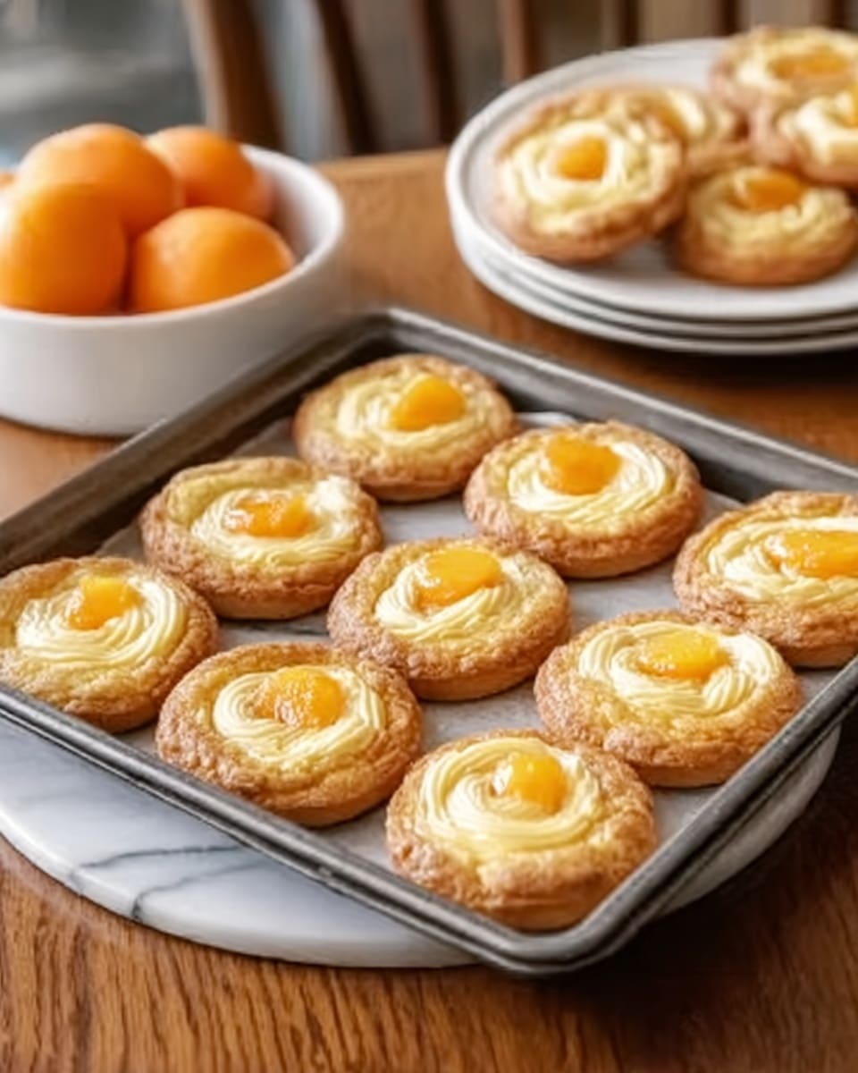 A square metal baking pan holds nine round pastries arranged in a 3 by 3 grid. Each pastry has a golden-brown crust with a slightly flaky texture. On top of each pastry is a swirl of creamy, light yellow filling, with a small slice of a yellow fruit, possibly peach or apricot, placed in the center. The pastries sit on a wooden table with a white marbled background visible at the edge, and in the background, there is a white bowl filled with orange fruit and a white plate holding more of the same pastries. photo taken with an iphone --ar 4:5 --v 7