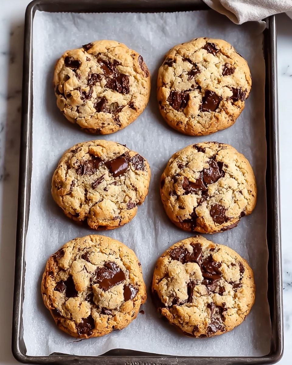 Six round chocolate chip cookies rest on a baking tray lined with light gray parchment paper, each cookie thick and golden brown with uneven, cracked surfaces showing soft textures. Dark chocolate chunks are scattered throughout every cookie, some parts melted slightly into the dough, giving a rich, patchy dark brown contrast to the light golden cookie base. The tray edges create a dark border and the whole scene is set against a clean white marbled background. photo taken with an iphone --ar 4:5 --v 7