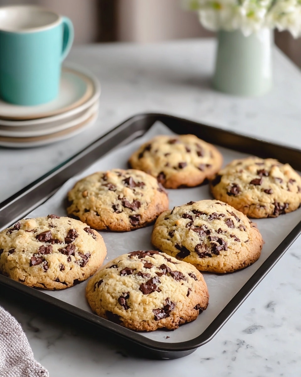 Six round, thick chocolate chip cookies sit on a black baking tray lined with parchment paper. Each cookie is golden-brown with slightly darker edges and filled with many dark chocolate chunks spread evenly throughout the soft, crumbly dough. The tray rests on a white marbled surface, and in the background, there are stacked white plates, a turquoise cup, and a white vase with white flowers, all softly out of focus. photo taken with an iphone --ar 4:5 --v 7
